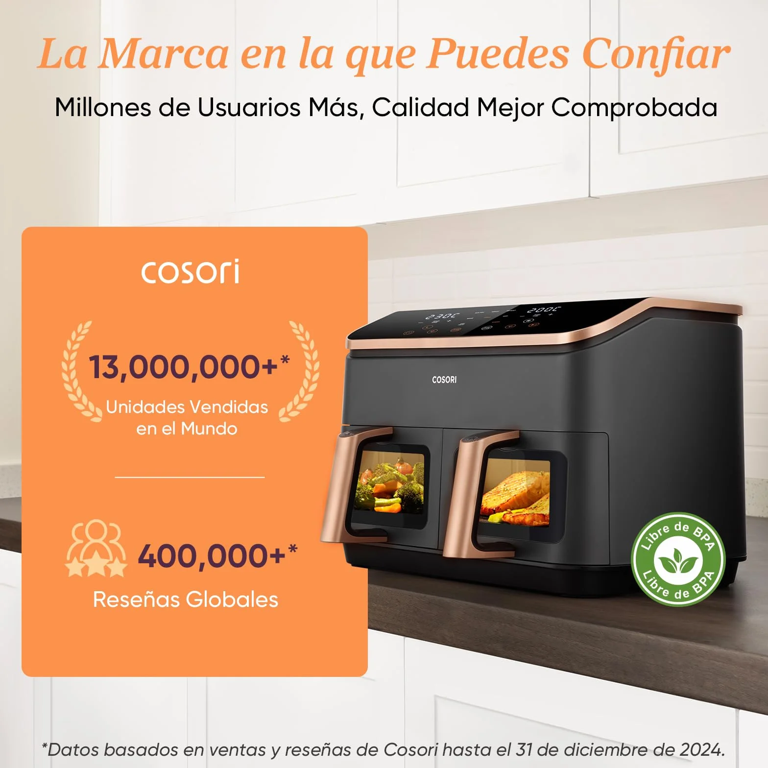 Cosori Freidora de Aire Grande 8,5 Litros Doble Cesta con Ventana Multifunción 10 en 1 Alta Potencia Bajo Ruido