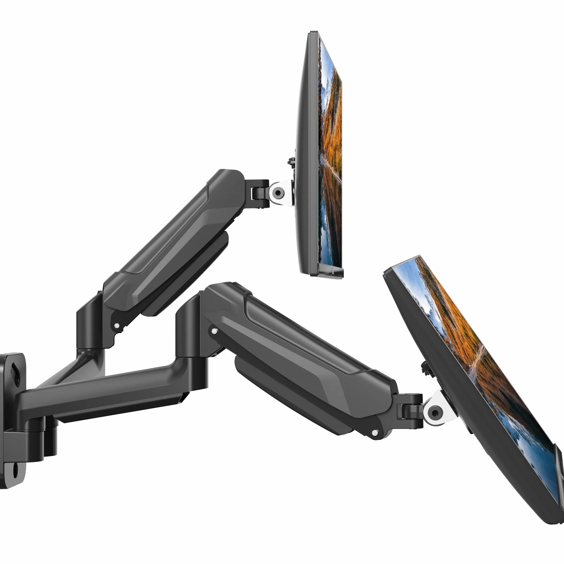 BONTEC Soporte de Pared para Doble Monitor con Resorte de Gas, Ajustable para Monitores de 13-32 Pulgadas, VESA 75x75/100x100mm, Inclinación, Giro, Rotación, 3-9kg por Brazo, Ahorro de Espacio