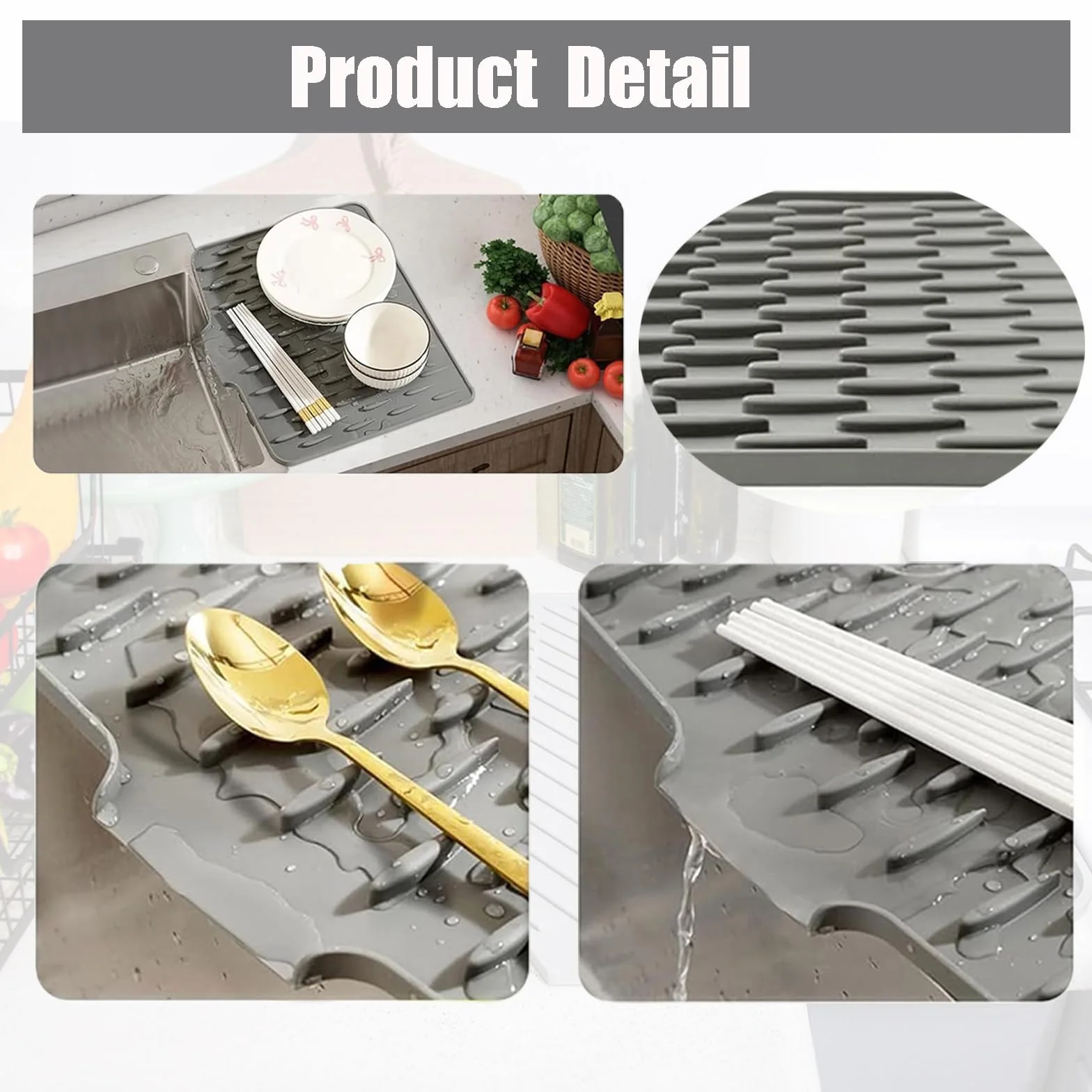 Alfombrilla de Goteo de Silicona 26x32cm, Antideslizante, Tapete de Secado Gris Claro