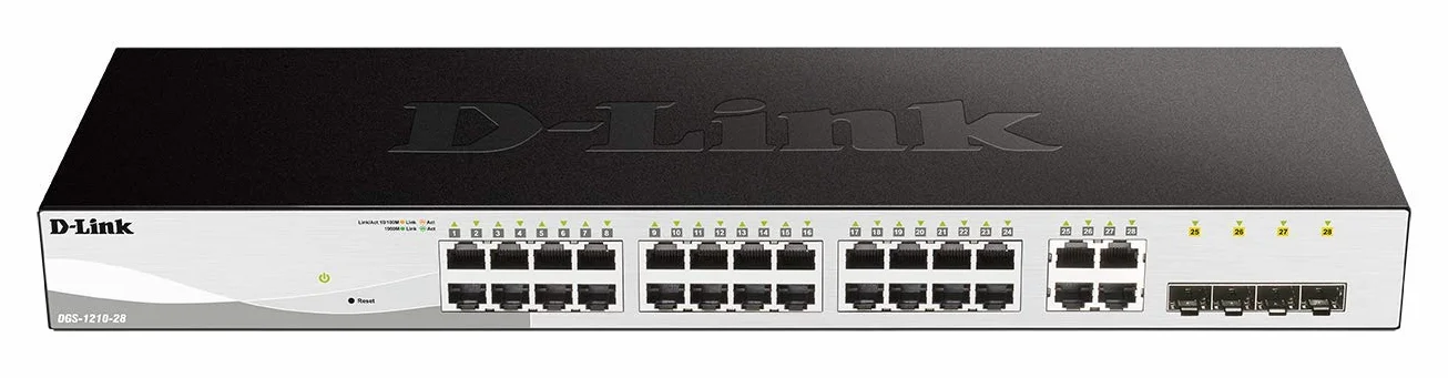 D-Link DGS-1210-28/E - Switch 24 Puertos Gigabit y 4 Puertos SFP Combo 100/1000 Mbps (Altura 1U, VLAN automática para Video vigilancia y telefonía IP) - Solo Cable de alimentación de la UE