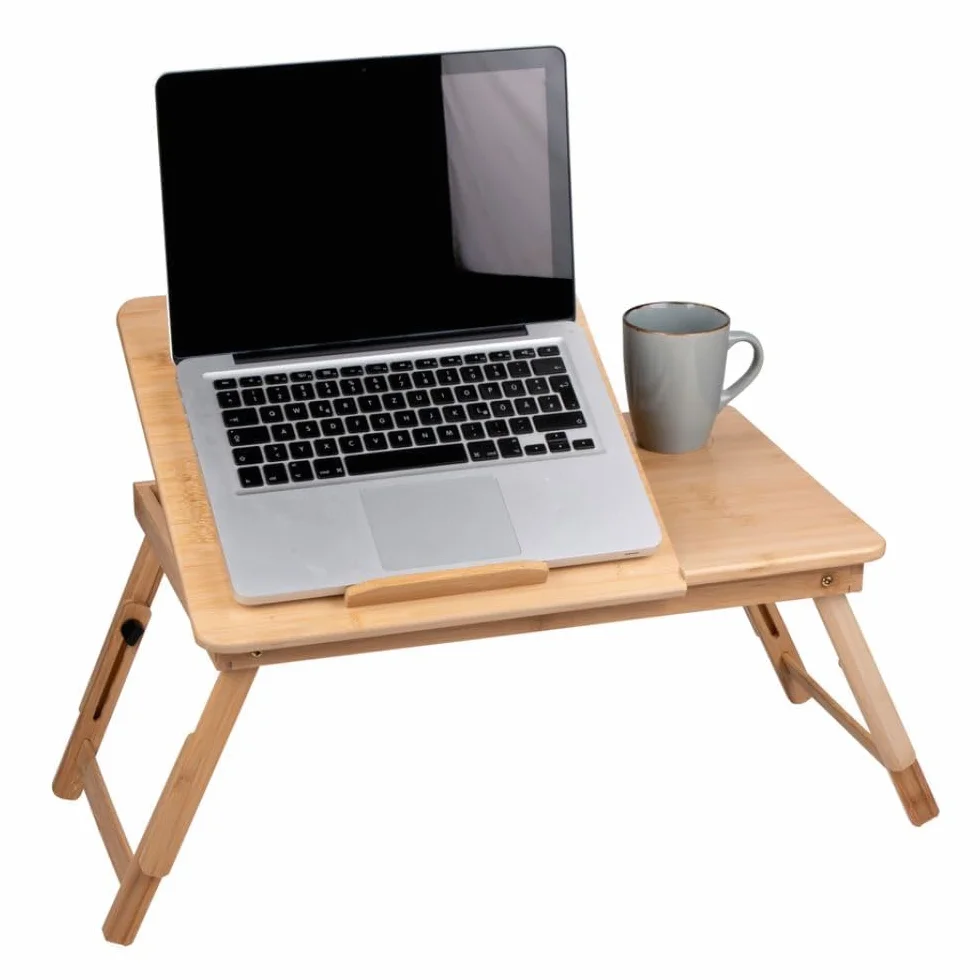 Mesa de Cama Ajustable para Ordenador portátil, 21,5 x 27,5 cm, Mesa de Cama Plegable, con Soporte para Bebidas y Ranura para Tablet, Madera de bambú, Color marrón