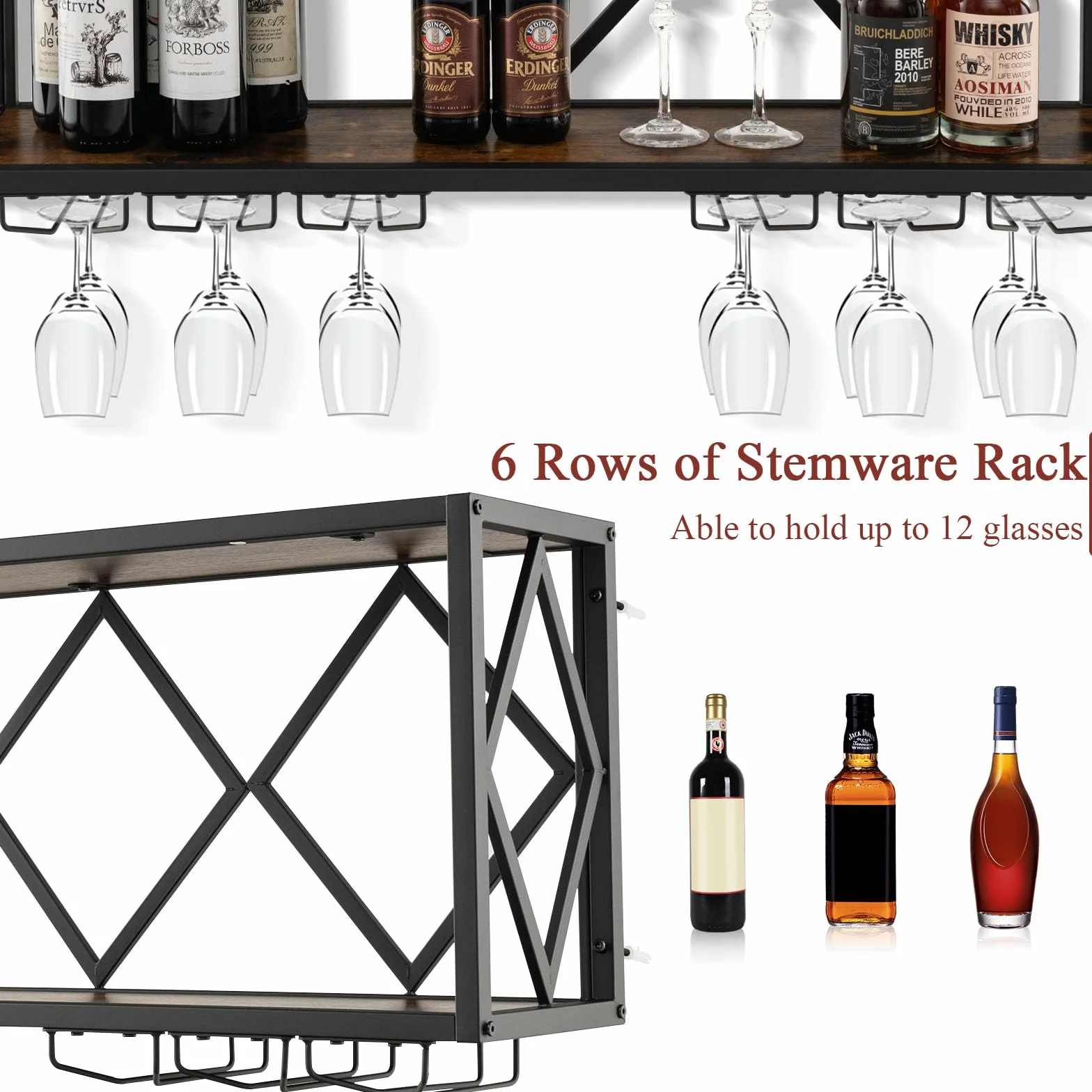 KOMFOTTEU Botellero de Pared Estante de Vino Decorativo con Portavasos para Copas 20 kg Carga por Capa 100 x 25 x 45 cm