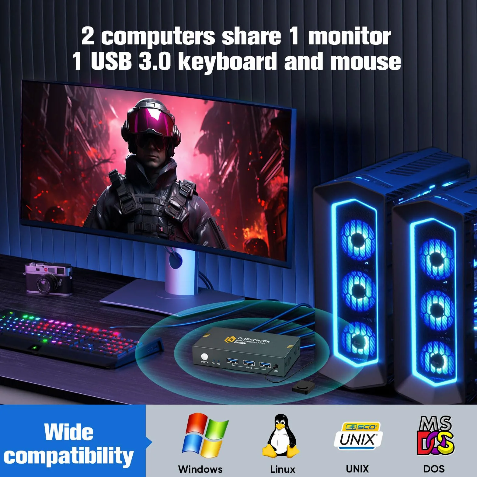 USB 3.0 conmutador KVM HDMI 2 puertos 4K@60Hz, conmutadores KVM para 2 PC 1 monitor Con 3 puertos USB3.0, HDMI2.0, HDCP2.2, soporte de función EDID, Incluye 2 cables USB 3.0
