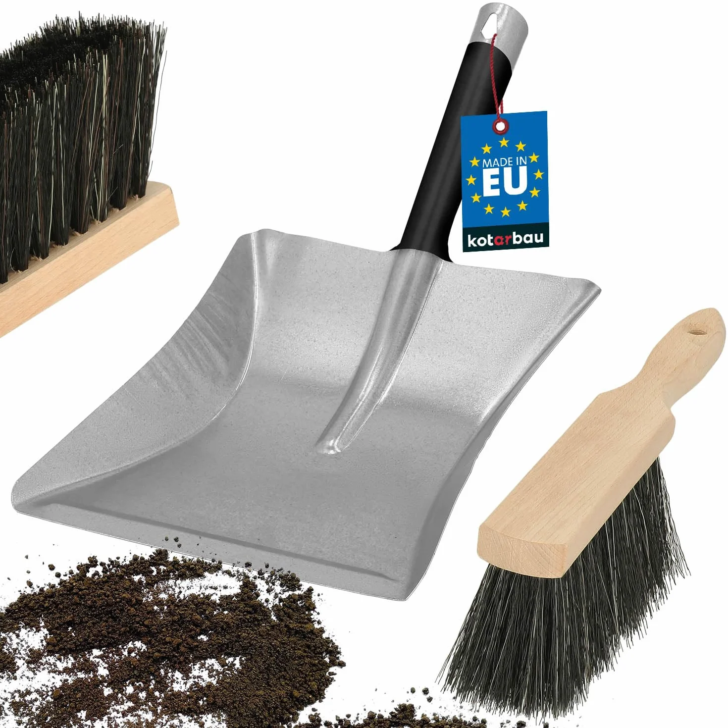 KOTARBAU® Pala y Cepillo Mano - Conjunto de Recogedor y Escobilla - Acero Galvanizado - Escoba de Mano - Madera - Pala para Brasas - Kit Recogedor y Cepillo Manual
