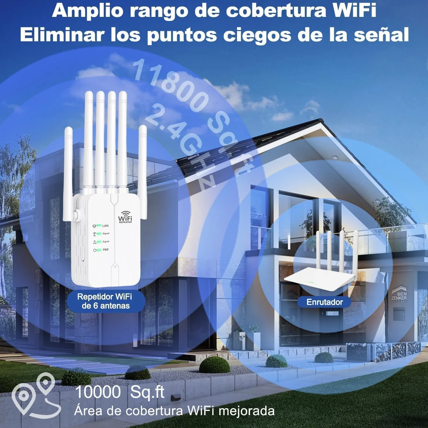 Repetidor WiFi,Amplificador señal WiFi Potente,6 Antenas,2 Puertos LAN,Cobertura Total de 360°,Cobertura de hasta 11800Sq.Ft,repetidor WiFi Largo Alcanc,para oficinas y hogares,Easy Set up