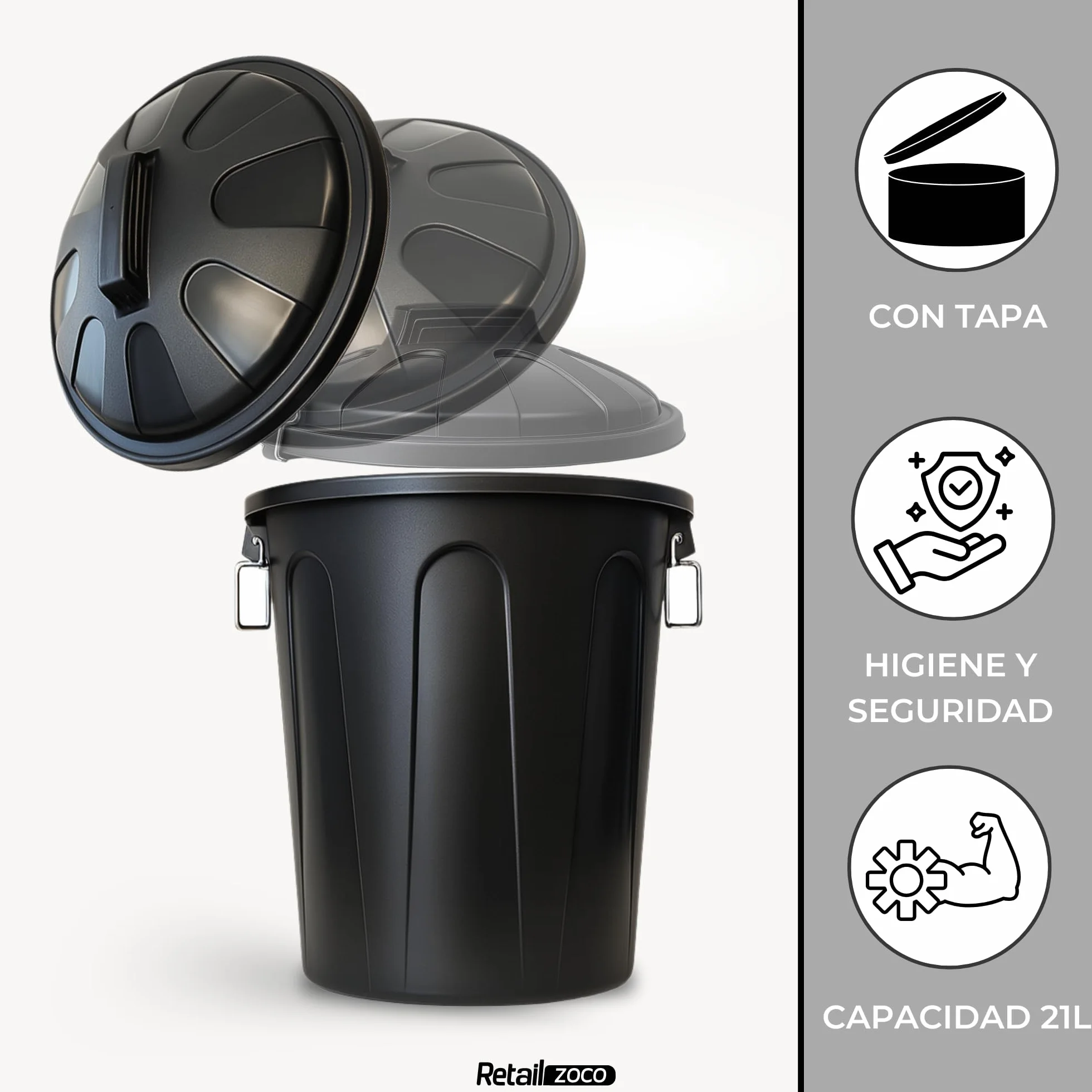 TECHZOCO Cubo de Basura Industrial 51L 55cm Alto 44cm Diámetro Plástico con Asas Metálicas