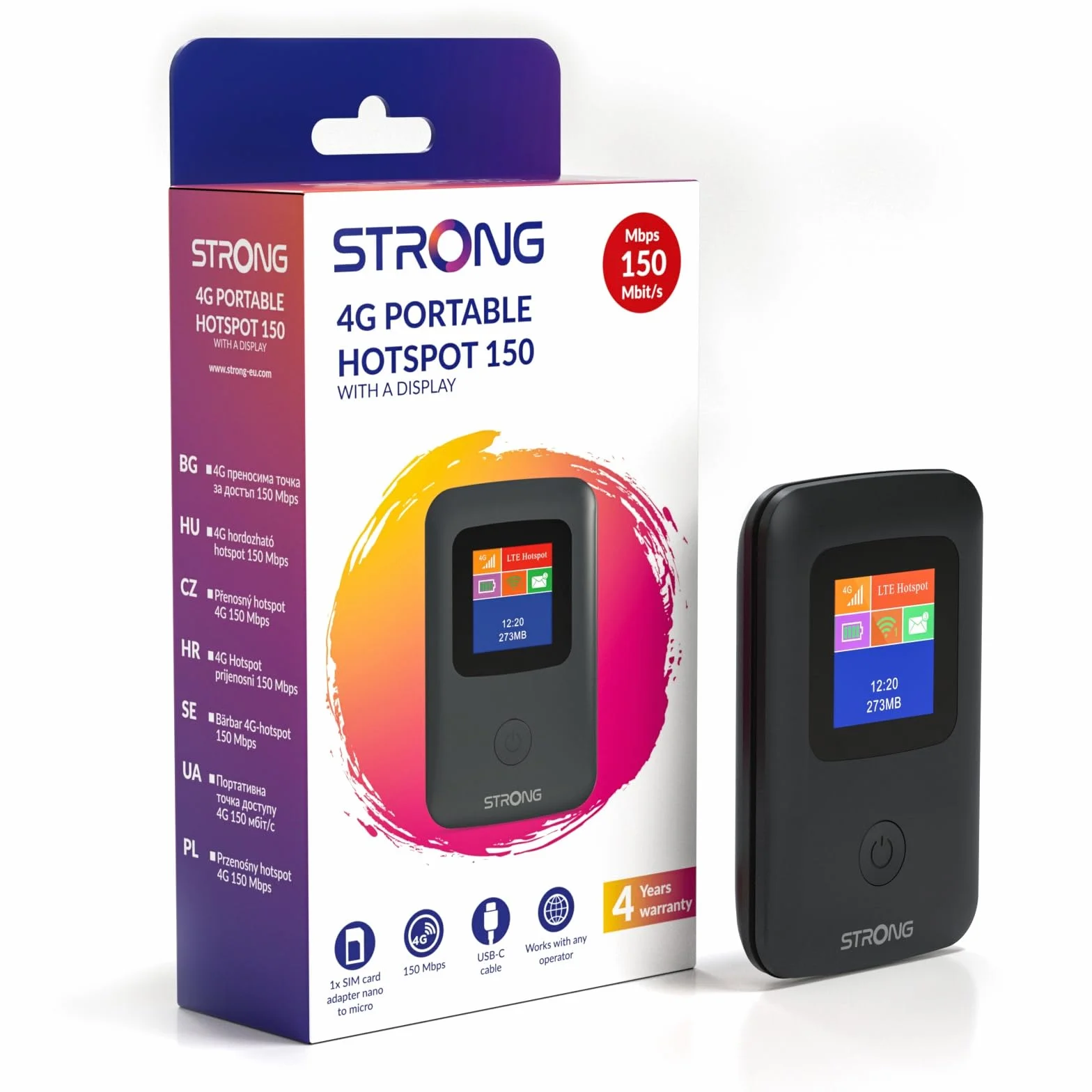 Strong 4G AIRSPOT 220 Router WiFi Portátil con SIM, Pantalla a Color, 4G LTE CAT4 150 Mbps, Hotspot WiFi Portátil para Viajes, Conecta Hasta 10 Dispositivos, Batería 2100mAh, USB-C, Función Power Bank