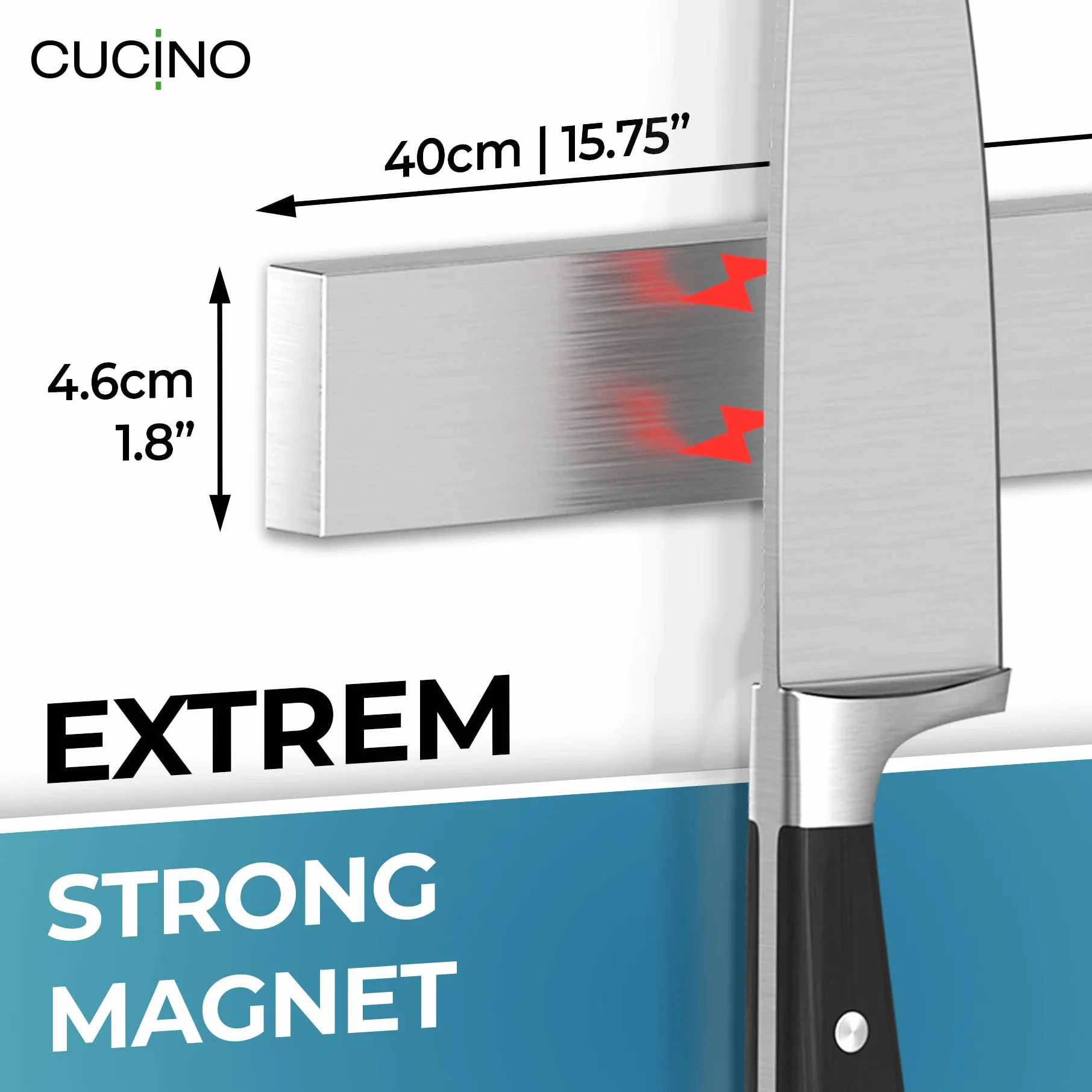 Soporte imán cuchillos cocina - Barra magnética porta cuchillos, montaje pared sin taladro, acero inoxidable, 40 cm