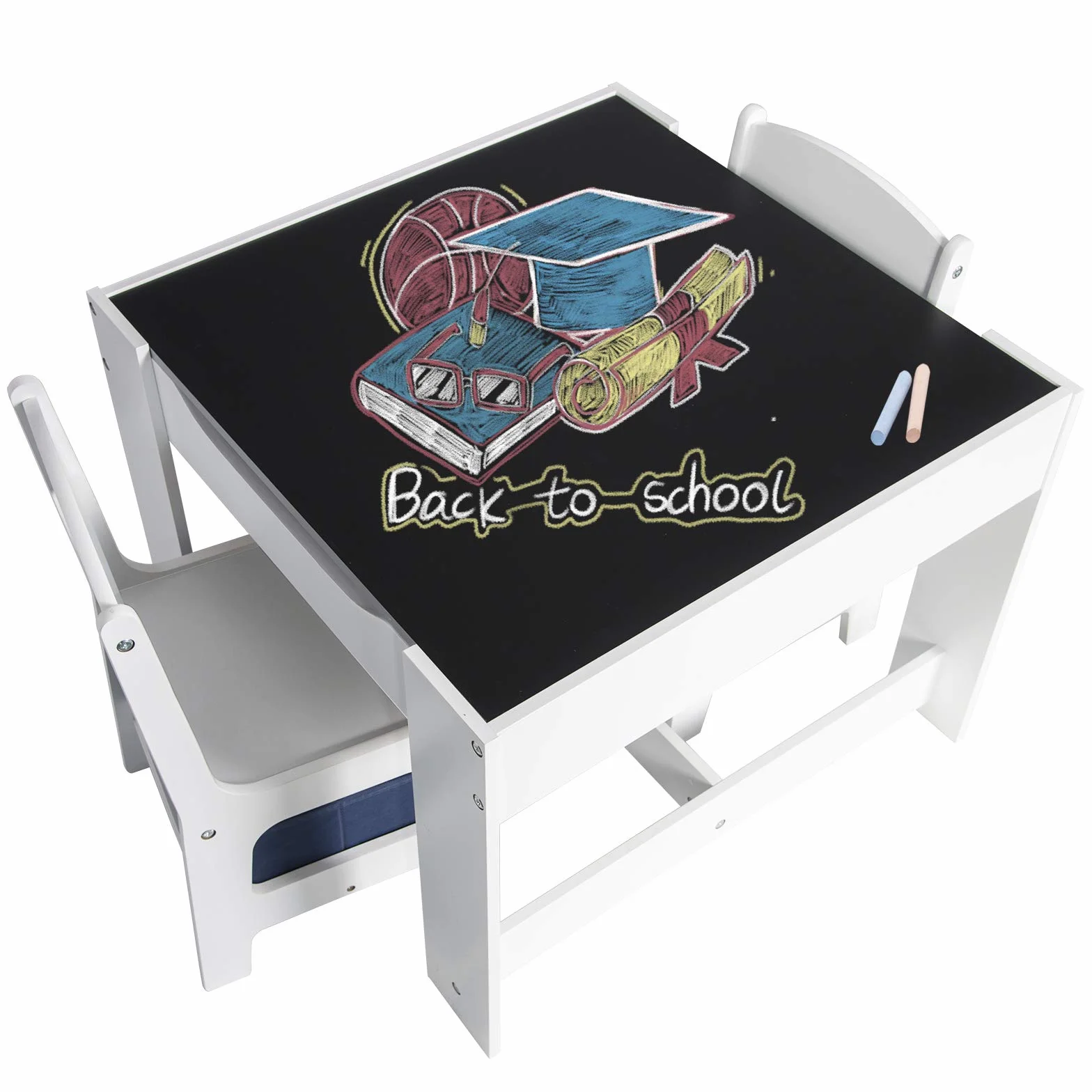 EUGAD Juego de Mesa y 2 Sillas Infantiles de Madera y MDF con Almacenamiento Gris Blanco