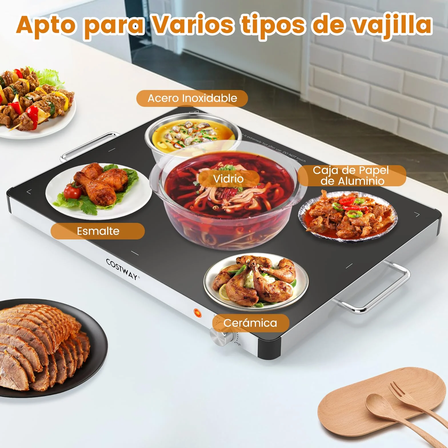 COSTWAY Bandeja Calentadora Eléctrica Vidrio Templado, Placa Calefactora Temperatura Ajustable, Asas Antiescaldaduras Portátil 61x42x4 cm