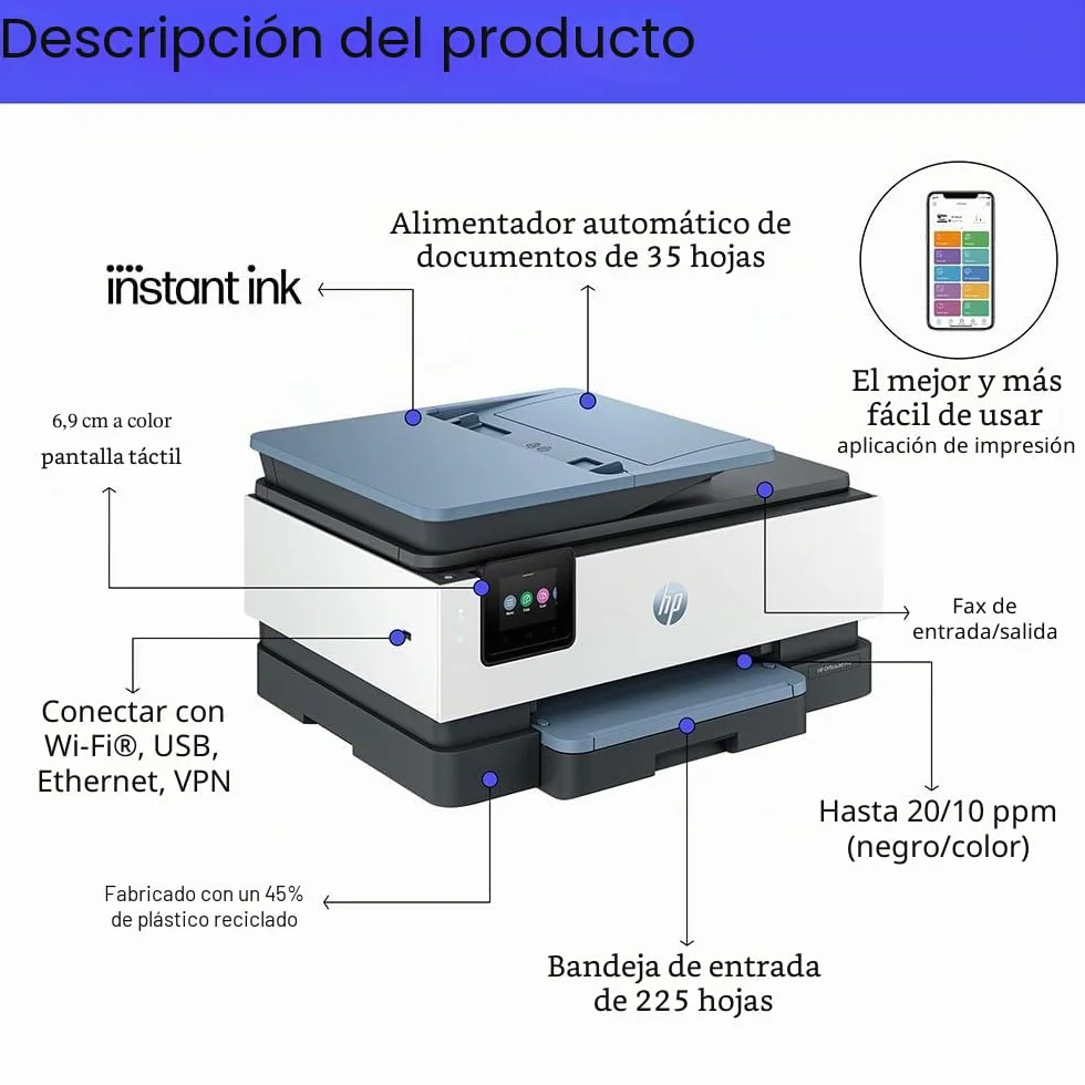 HP OfficeJet Pro 8135e 40Q47B, Impresora multifunción de inyección de Tinta A4 a Color, a Doble Cara automática, 20 ppm, Wi-Fi, Smart, 3 Meses de Tinta instantánea incluida, Gris