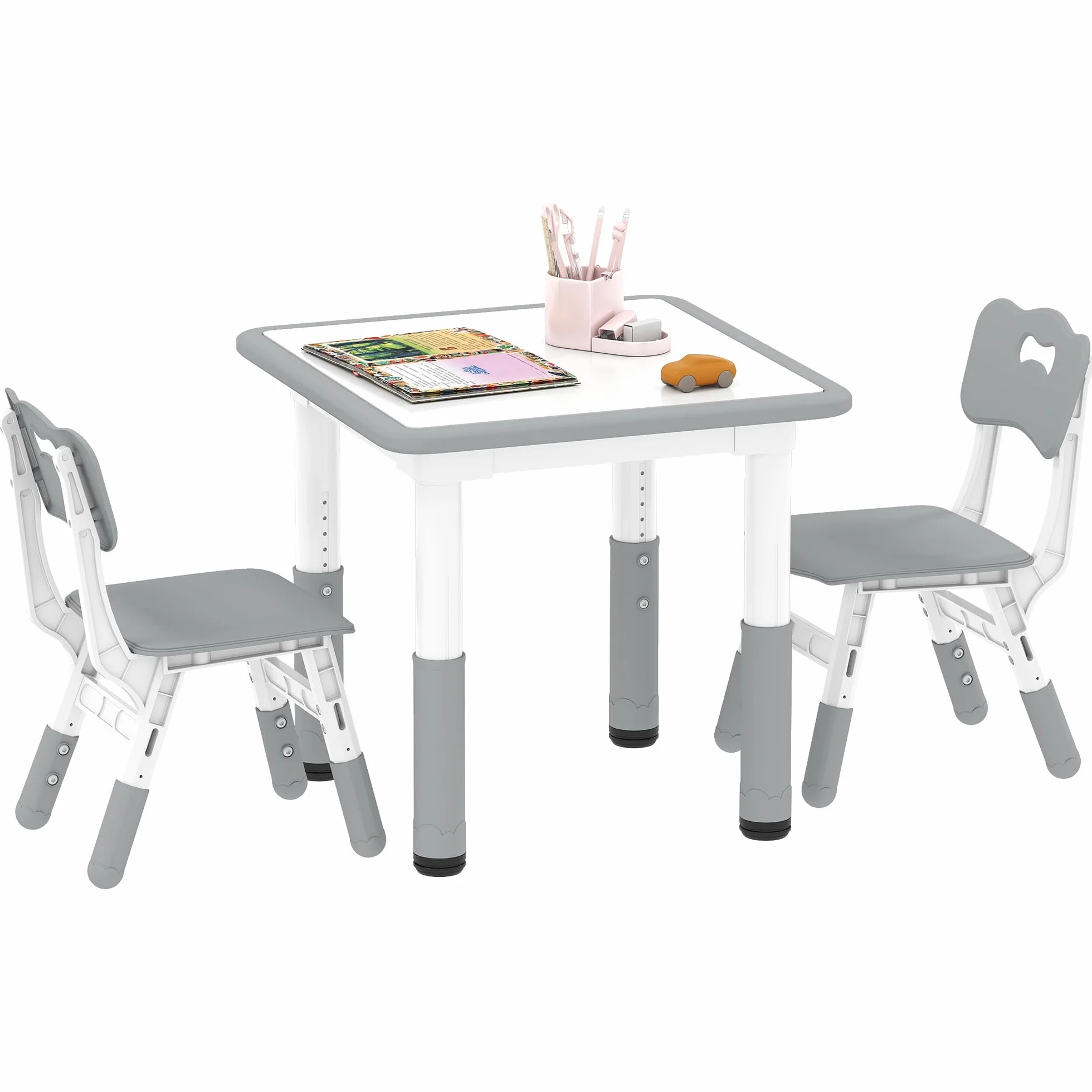 AIYAPLAY Mesa y Sillas Infantiles de 3 Piezas Altura Ajustable para Niños 18 Meses-5 Años Blanco y Gris