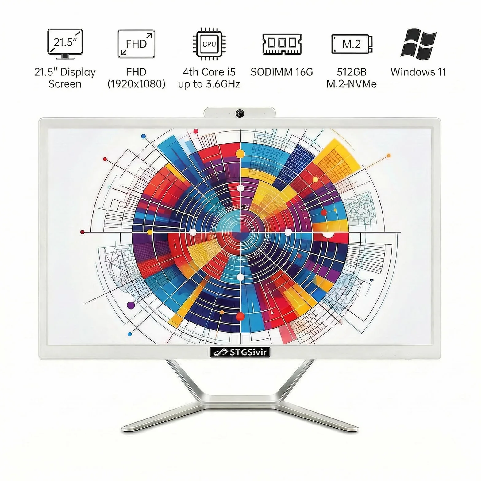 STGsivir All in One PC, Ordenador Todo en uno，Pantalla FHD de 21.5", Core i5 hasta 3.6 GHz, 16GB RAM, 512GB SSD, WiFi, Bluetooth 5.0, Windows 11 Pro, Blanco