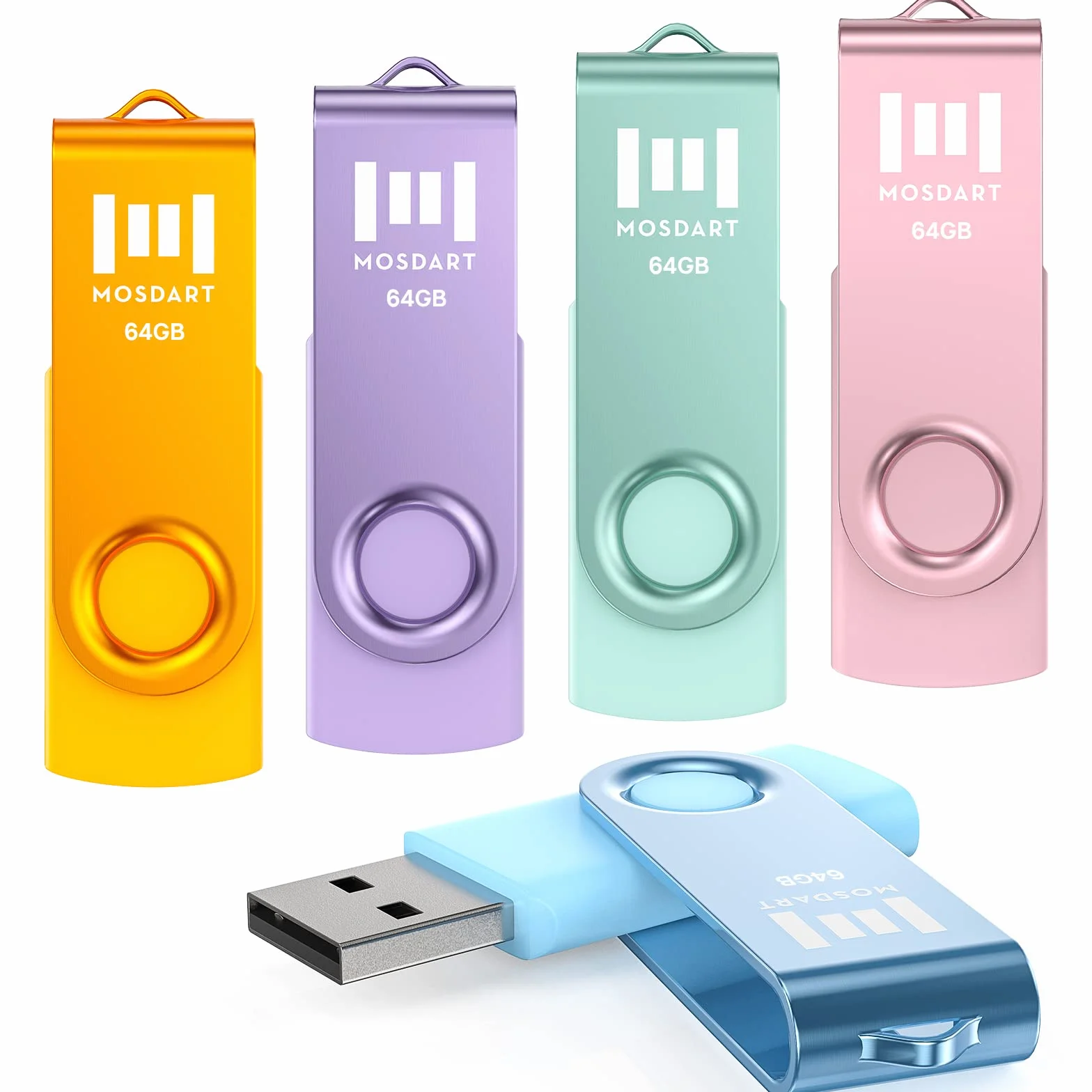 MOSDART Memoria USB 2.0 de 64 GB, con Bucle para Llavero, diseño Giratorio con luz LED, Memoria exFAT para computadoras, Respaldo del Sistema, Almacenamiento de Datos, Color Pastel (Paquete de 5)