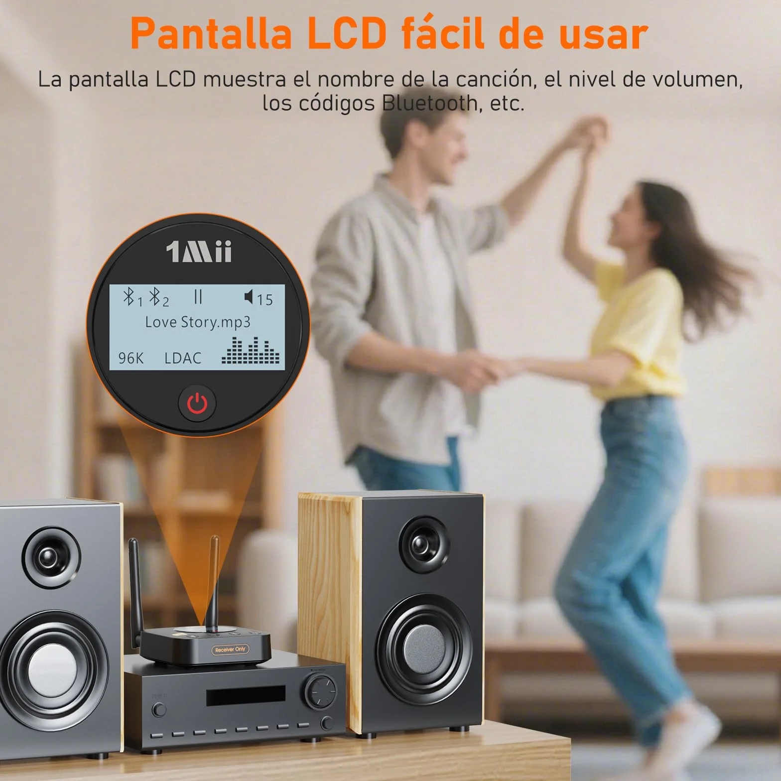1Mii B06Pro+ Receptor Bluetooth 5.3 HiFi, Adaptador Audio Hi-Res LDAC, aptX Baja latencia/HD con Pantalla LCD, Salida Óptica AUX 3.5mm, Control Volumen, Largo Alcance 60m para Estéreo, Amplificador