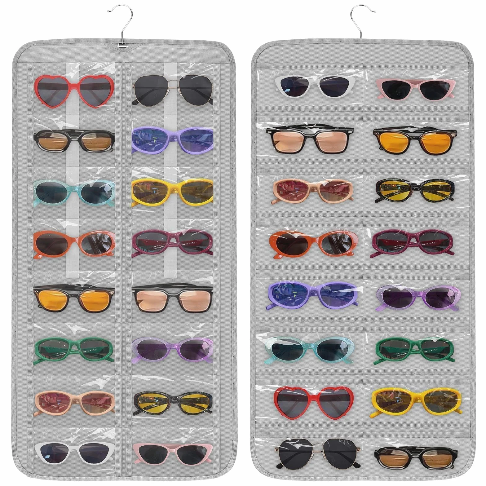 EEEKit organizador de gafas de sol suspendidas, 32 bolsillos, soporte de almacenamiento para joyas y gafas de doble cara, soporte antipolvo de pared con gancho