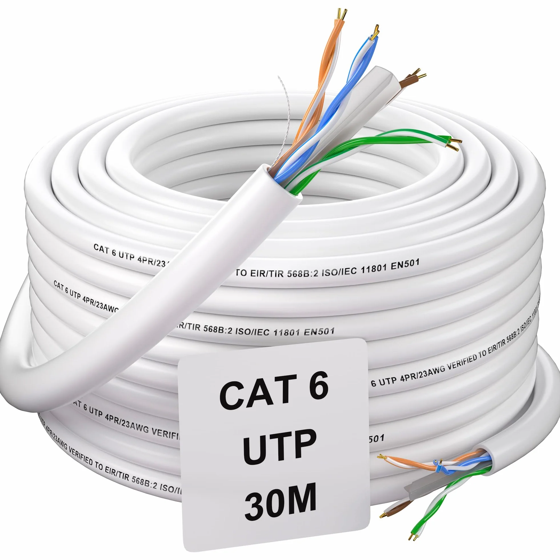 Soibke Cable Ethernet 30 Metros, Cat 6 Cable de Red Exterior Bobina Cable RJ45 30m Cable Internet Alta Velocidad Gigabit Cable LAN UTP 23AWG Impermeable Cable Conexion Blanco Cable de Instalacion