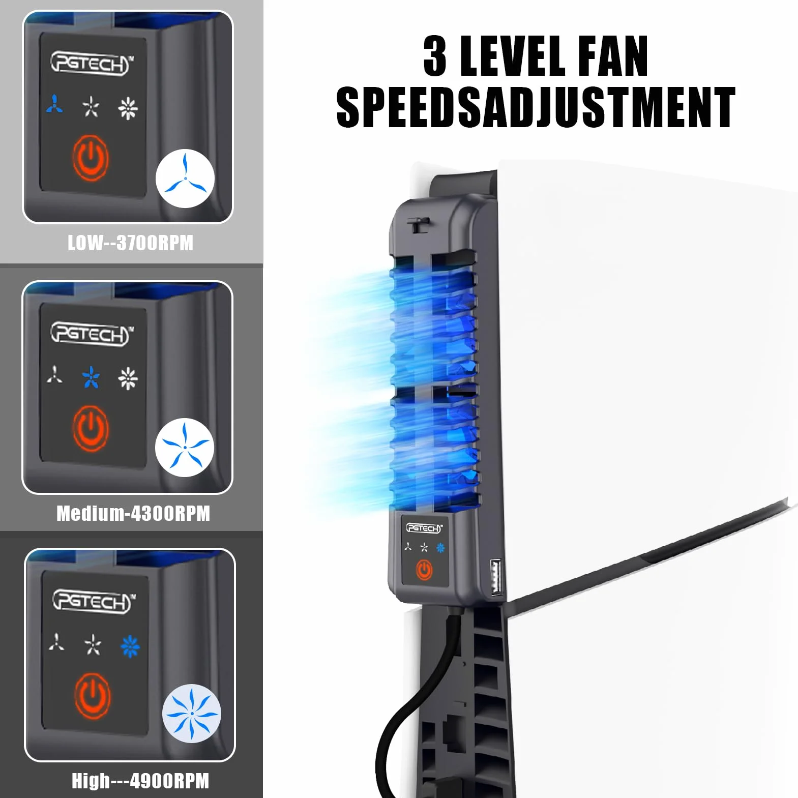 Ventilador PS5 Slim, Ventilador Silencioso Ajustable, Refrigeración PS5 Slim con Luz RGB y Puerto USB, Ventilador Eficiente para PS5 Slim Disc y Edición Digital