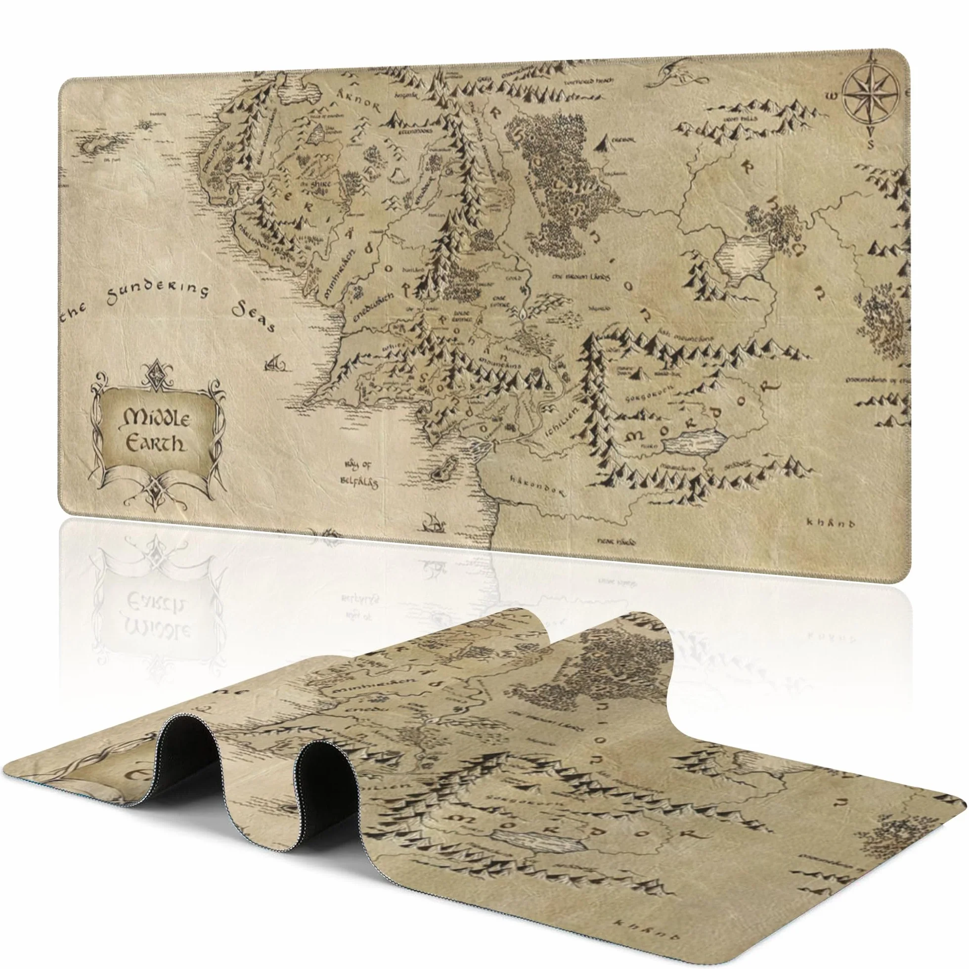 Alfombrilla de mouse grande extendida con mapa de la Tierra Media, alfombrilla de mouse XXL para teclado y mouse, base de goma antideslizante con bordes cosidos para decoración de escritorio de