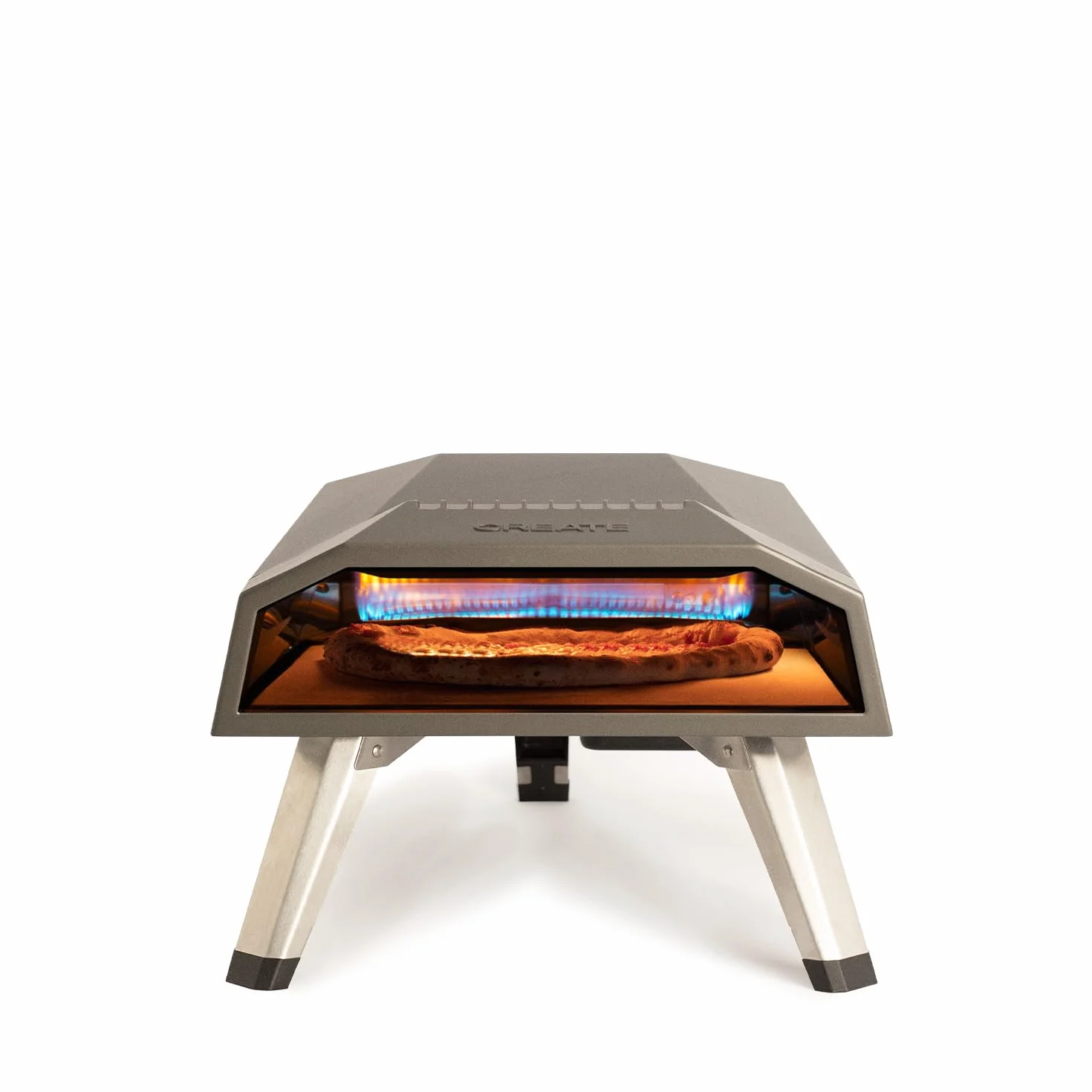 Horno de gas para pizzas portátil 12" Acero inoxidable y piedra patas plegables Flame-Out 500°C 30cm