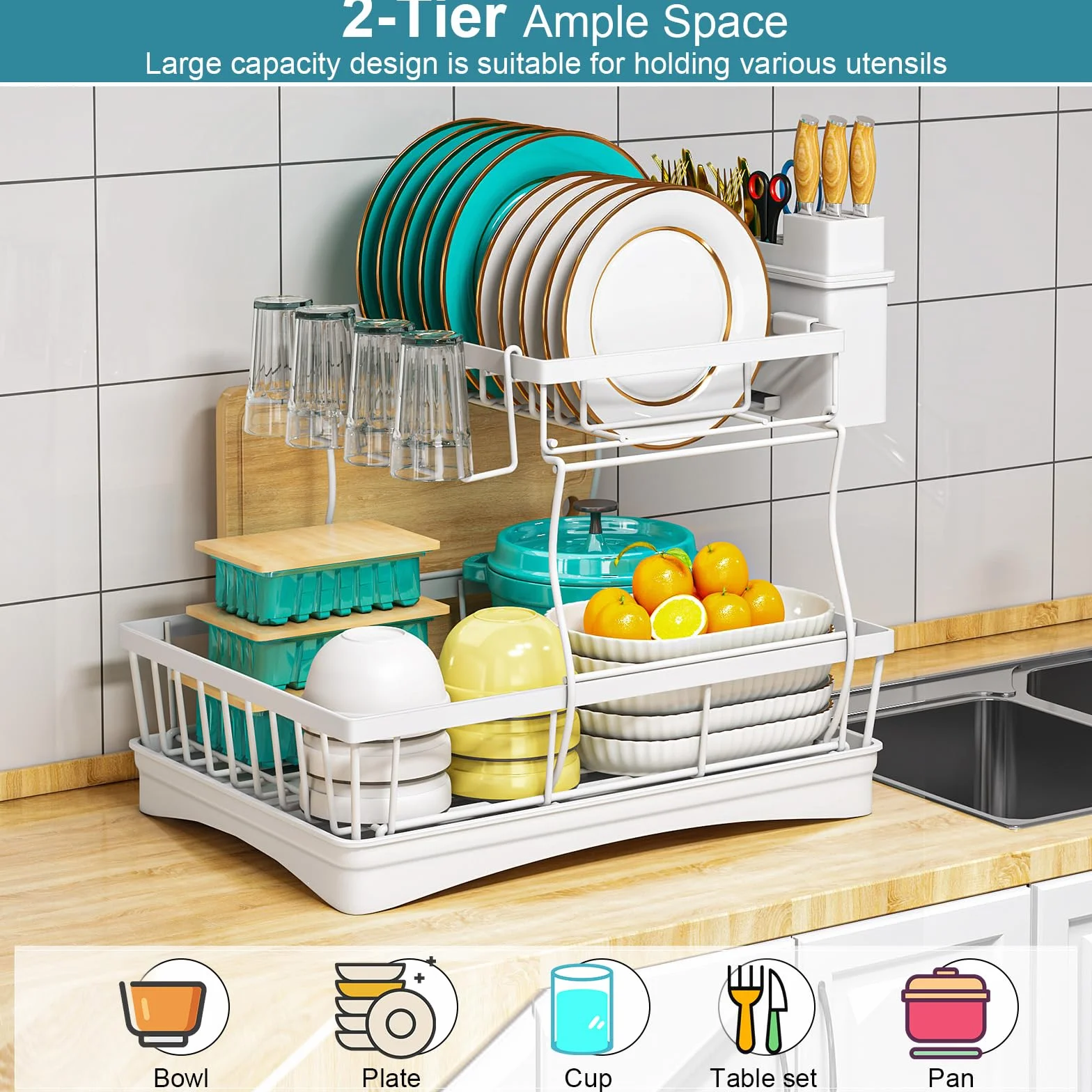 Escurreplatos 2 Niveles Cocina con Bandeja Goteo Soportes Tabla Cortar Encimera