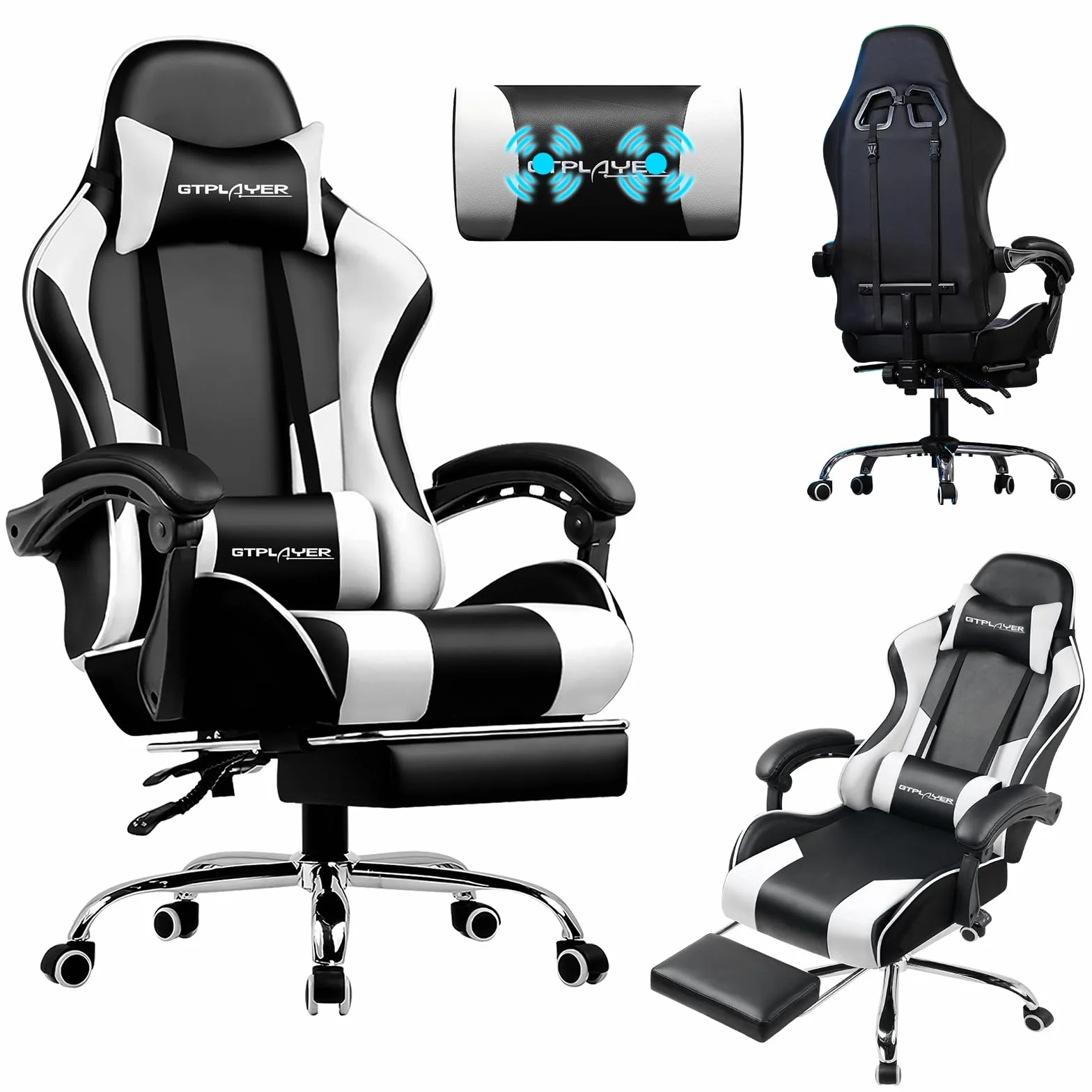 LUCKRACER Silla Gaming Ergonómica con Masaje, Reposapiés Retráctil, 150 kg, Blanco