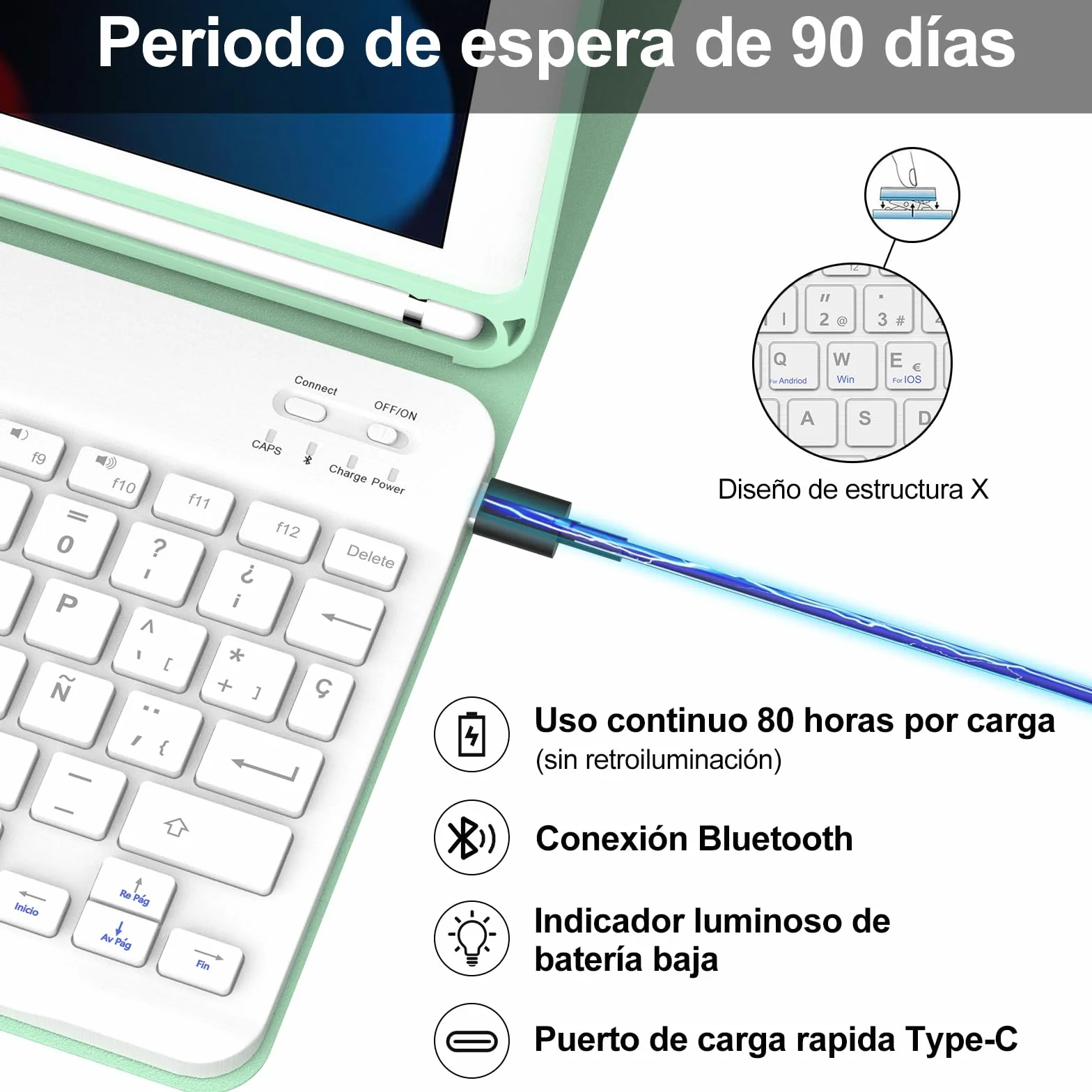 Funda Teclado para iPad 9/8/7 Generacion 10.2"/Air 3/iPad Pro 10.5 10.5" | Capa Keyboard Bluetooth Magnético, QWERTY Español Ñ, Case Desmontable con portalápices para iPad 2021/2020/2019, Verde claro