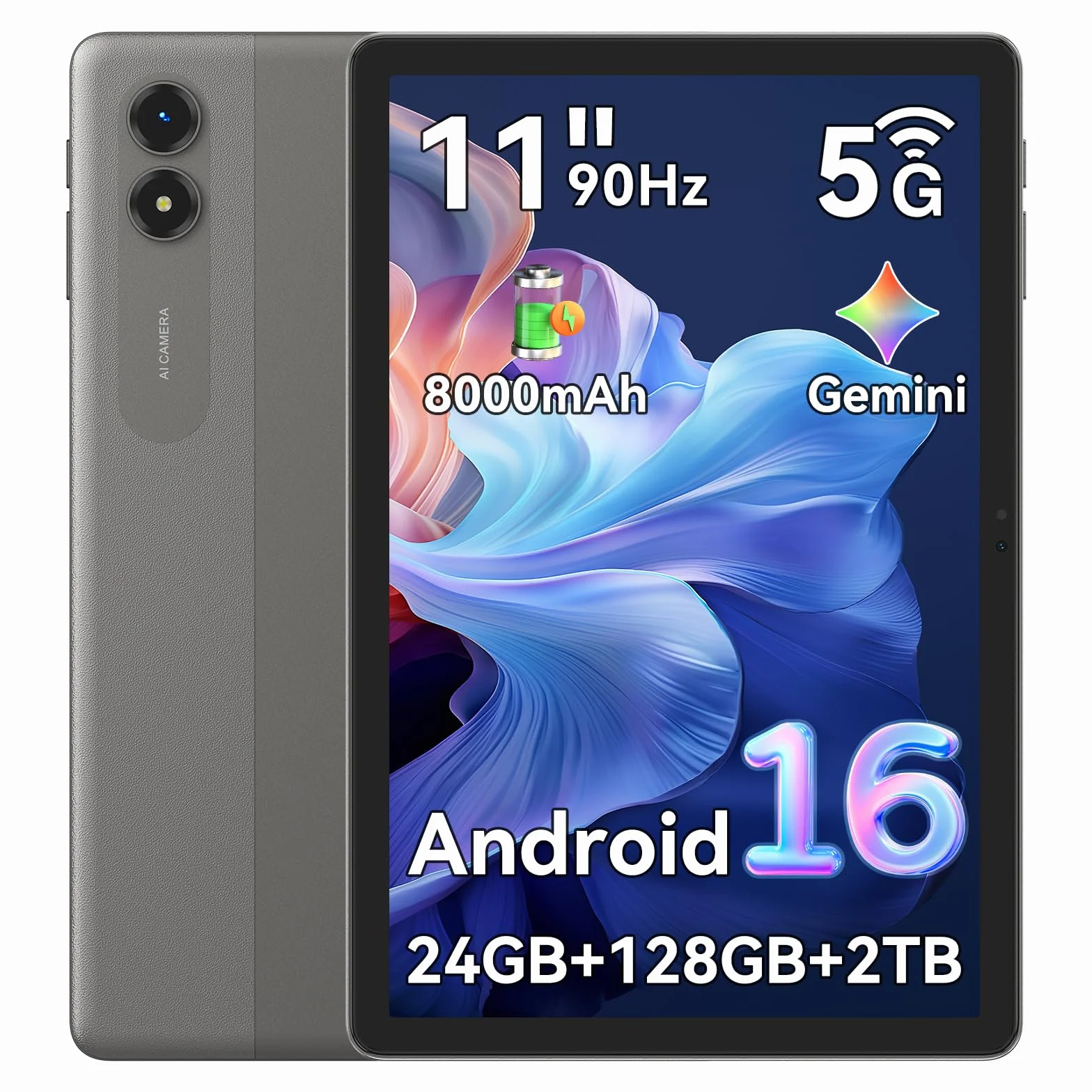 T50 Android 16 Tablet 11 pulgadas, tablets con 24 GB RAM + 128 GB ROM, procesador Unisoc T7250 Octa-Core, batería de 8000 mAh, WiFi 5G de doble banda, pantalla IPS 2K de 90 Hz, protección ocular