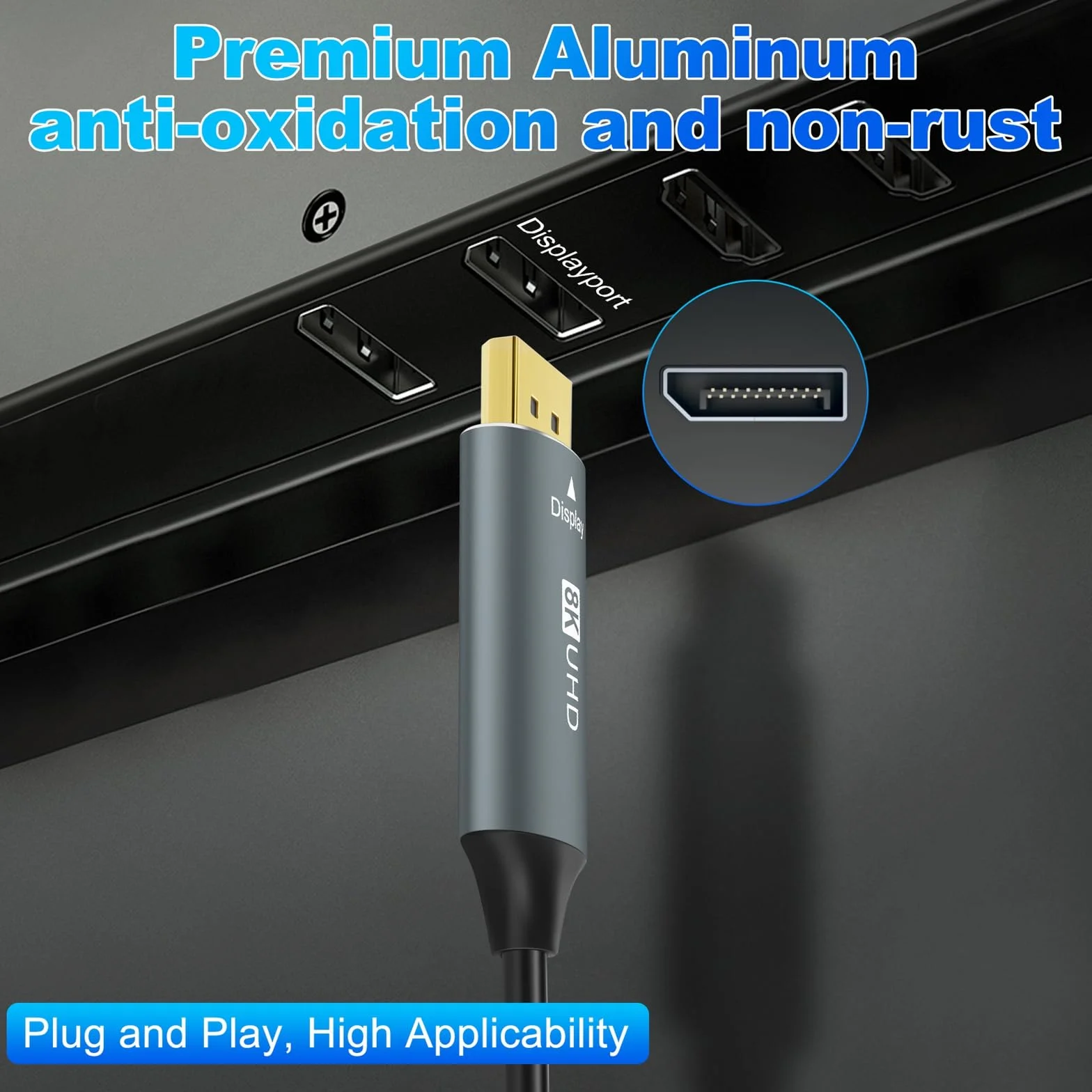Cable de Fibra óptica DisplayPort 4K 8K 50M, DP a DP 1.4 Cable 8K@30Hz 4K@144Hz, 2K@165Hz, 32.4Gbps Compatible con HDR, G-Sync FreeSync para laptop, PC, TV