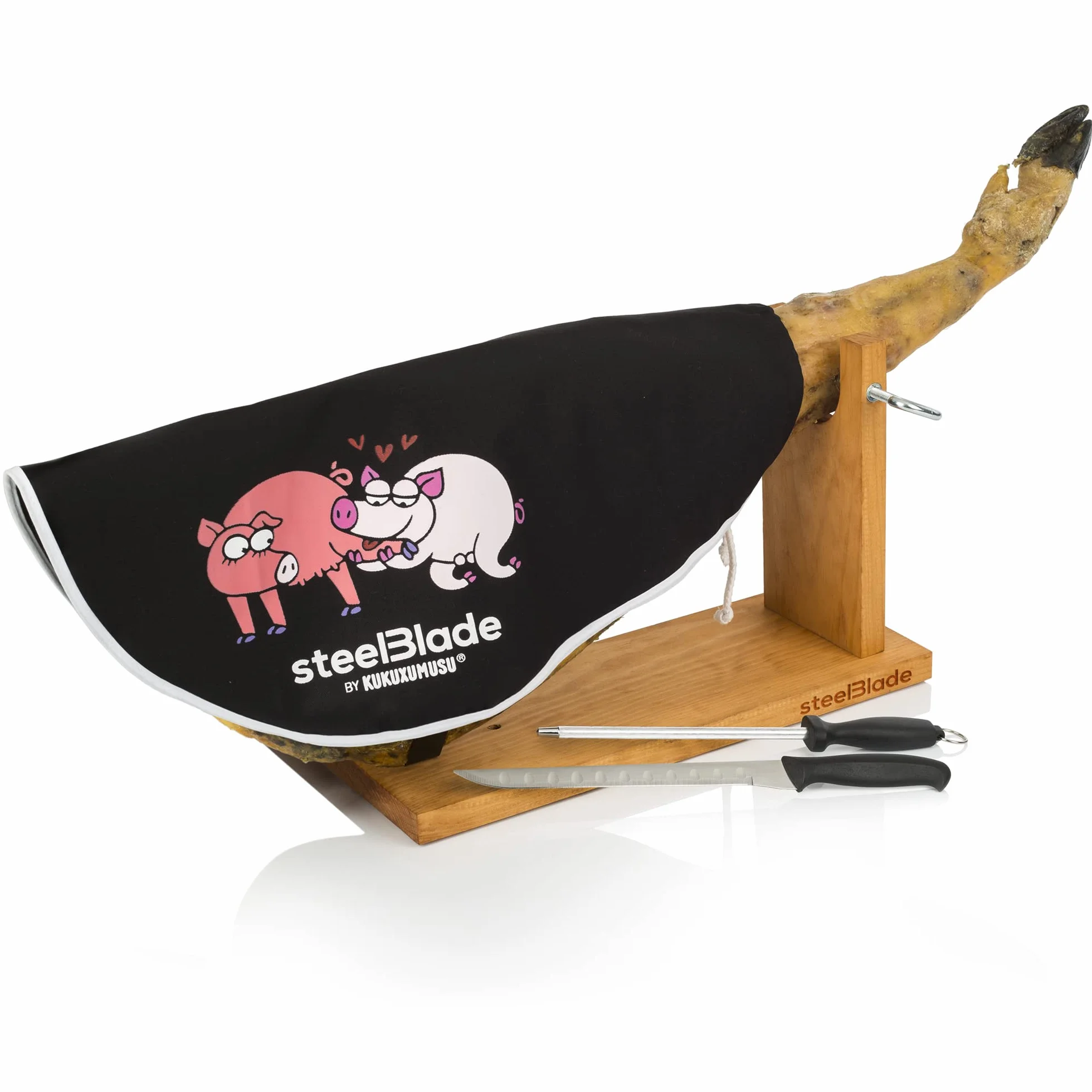 Kukuxumusu Jamonero Soporte Con Cubre Jamón y Cuchillo Chaira - Fabricado en España