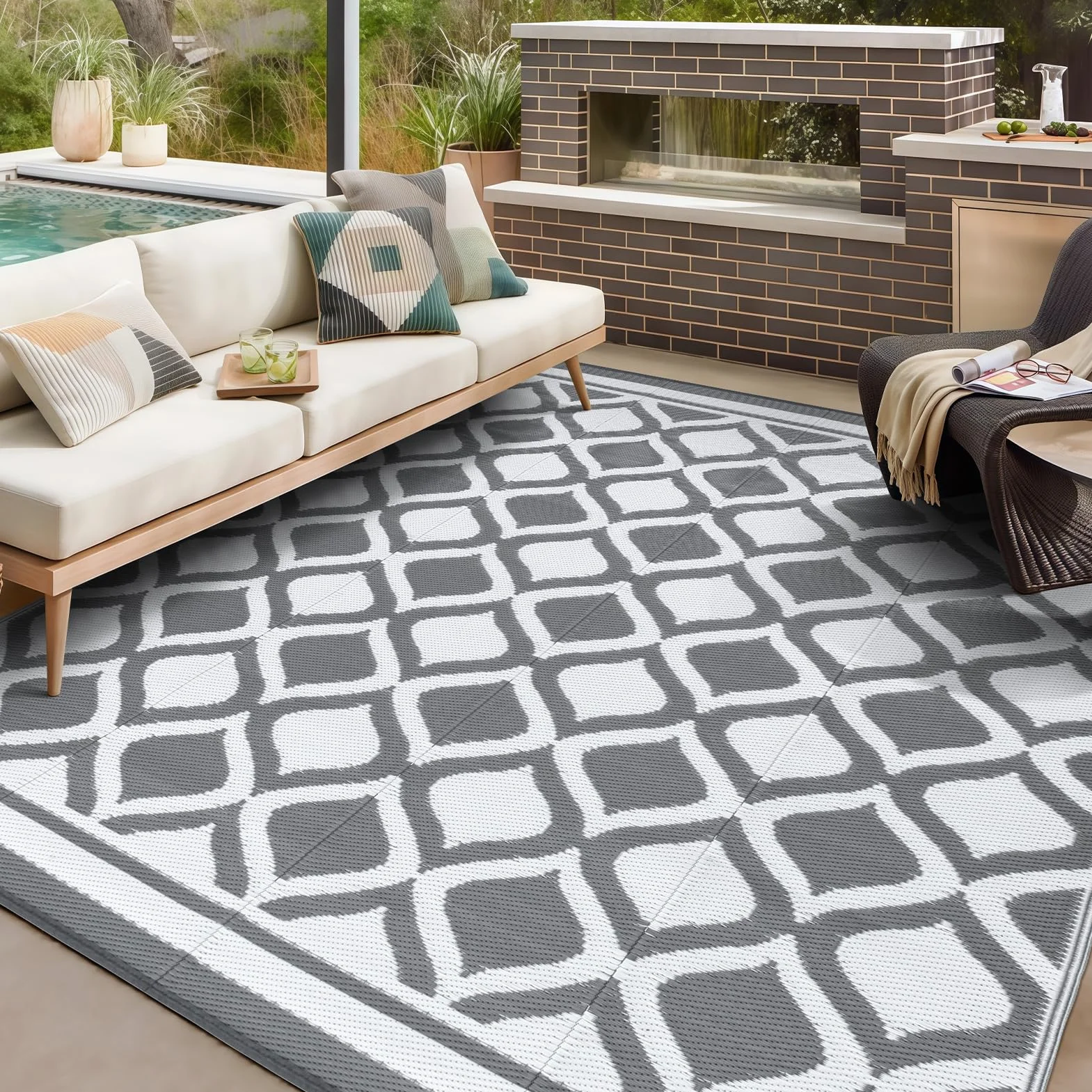 VK·LIVING Alfombra Exterior 120X180cm Impermeable Reversible Duradera & UV Resistente Moderna Portátil Ligera para Alfombra de Exterior Balcón Camping Patio RV Gris&Blanco