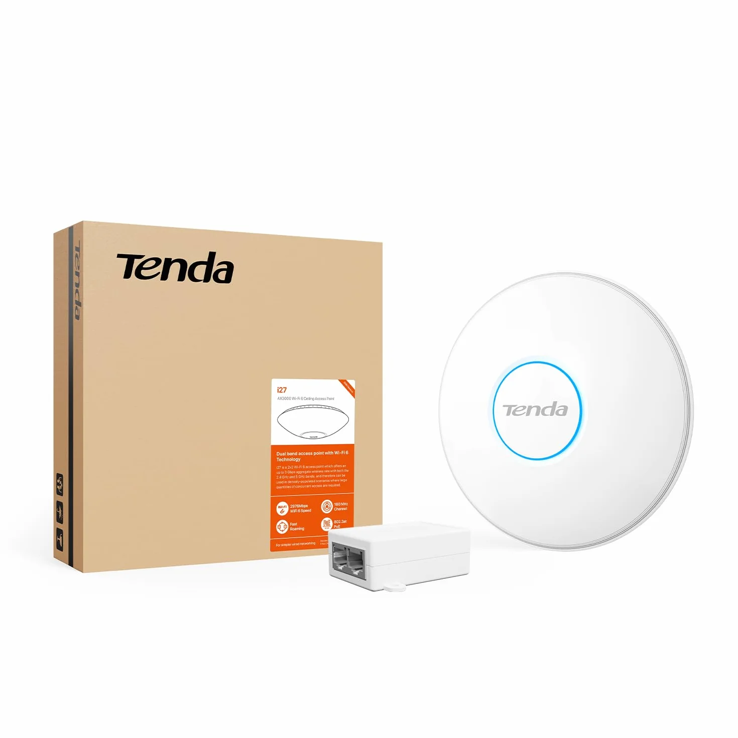 Tenda I27 WiFi 6 AX3000 Punto de Acceso de Doble Banda, Soporta PoE Estándar 802.3at, Montaje Techo, Roaming, MU-MIMO, OFDMA, Múltiples SSID, Gestionable a través de App o la Interfaz Web, Blanco