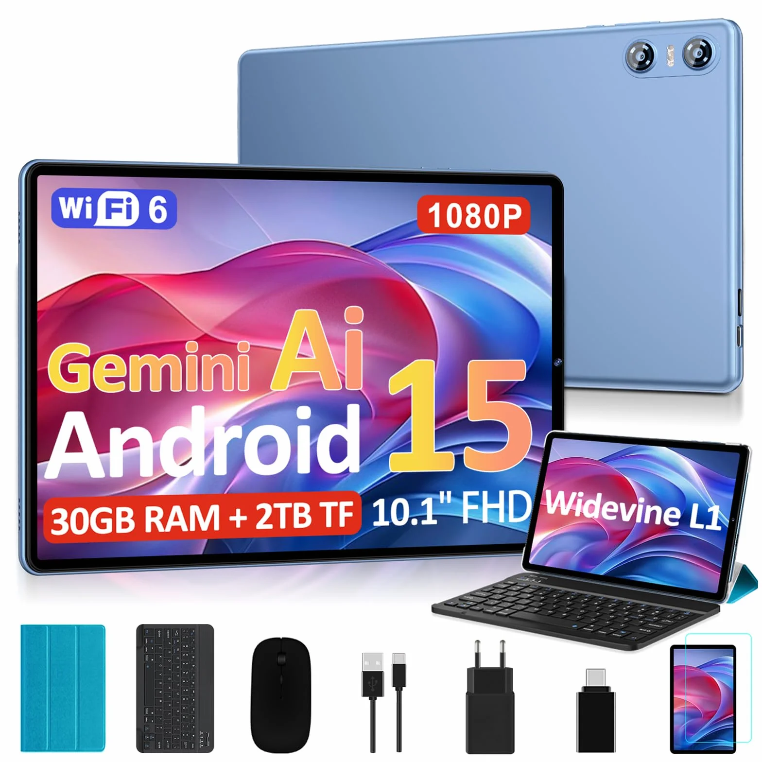 2026 Tablet 10 Pulgadas Android 15, Gemini AI, Octa-Core, 5G WiFi 6, 30GB RAM (2TB TF), Widevine L1, GMS, GPS, BT 5.0, 6000mAh, 5+8MP, 3.5mm Audio, FHD Tablet con Teclado+ Ratón + Funda, Azul