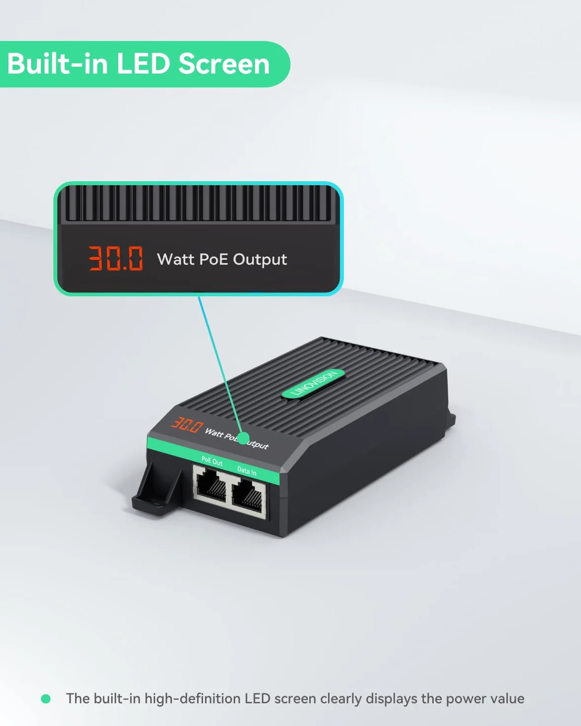 LINOVISION Inyector PoE+ Gigabit 30W con indicador intuitivo de Consumo de energía, Entrada AC100-240V, IEEE802.3af/at 30W Salida de energía y Datos para cámara IP, Punto de Acceso inalámbrico