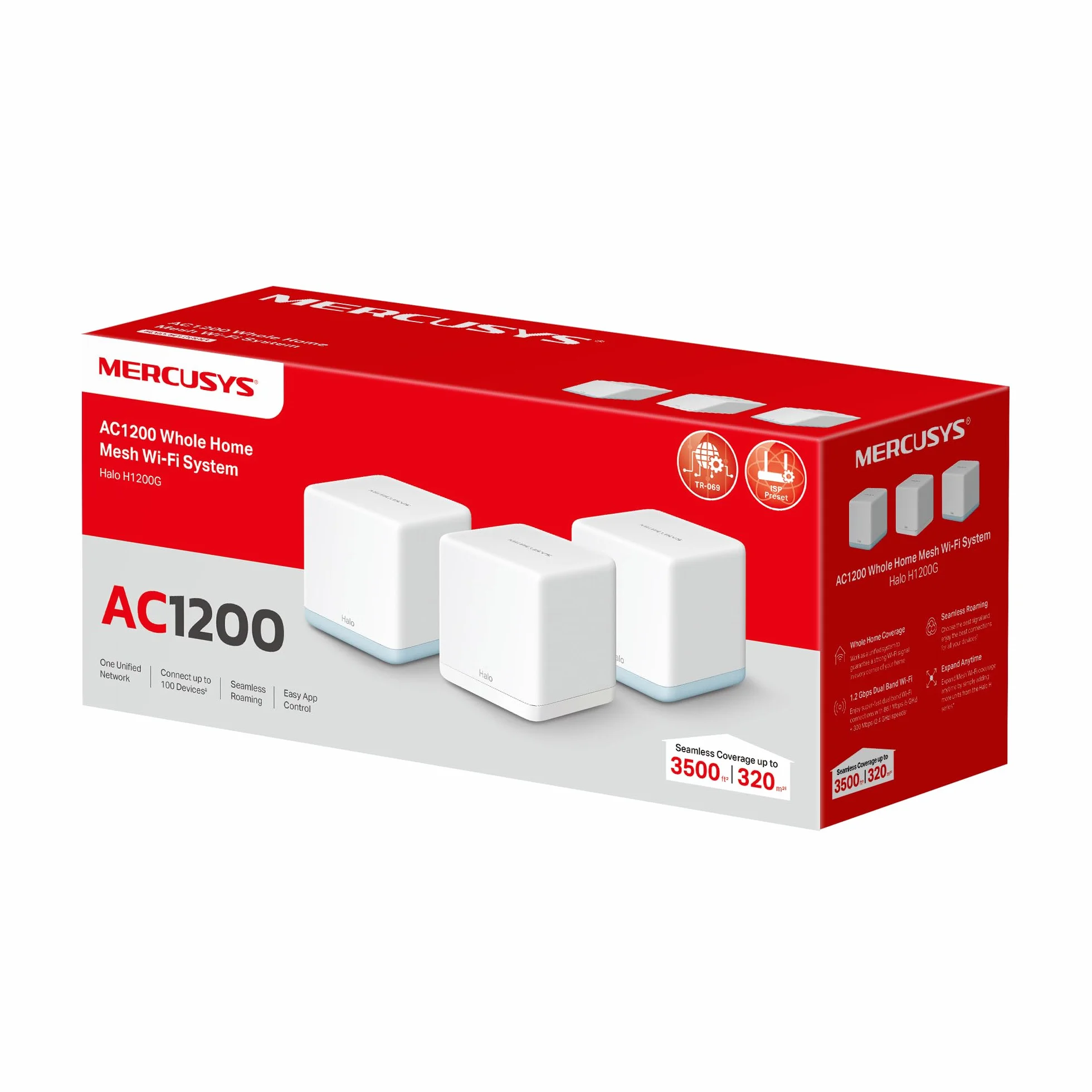 MERCUSYS Halo H1200G (3‑Pack) - WiFi Mesh AC1200 Gigabit Dual Band, Cobertura hasta 320 m², Roaming Inteligente, 1.2 Gbps, 6 Puertos Gigabit, Control por App