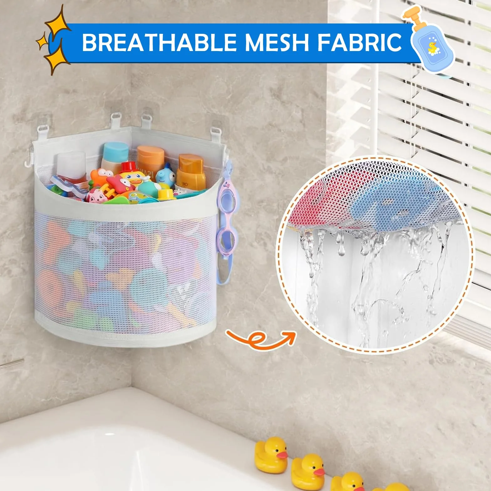 Bolsa de Almacenamiento de Juguetes de Baño con 4 Ganchos Autoadhesivos, Secado Rápido, Grande (Blanco)