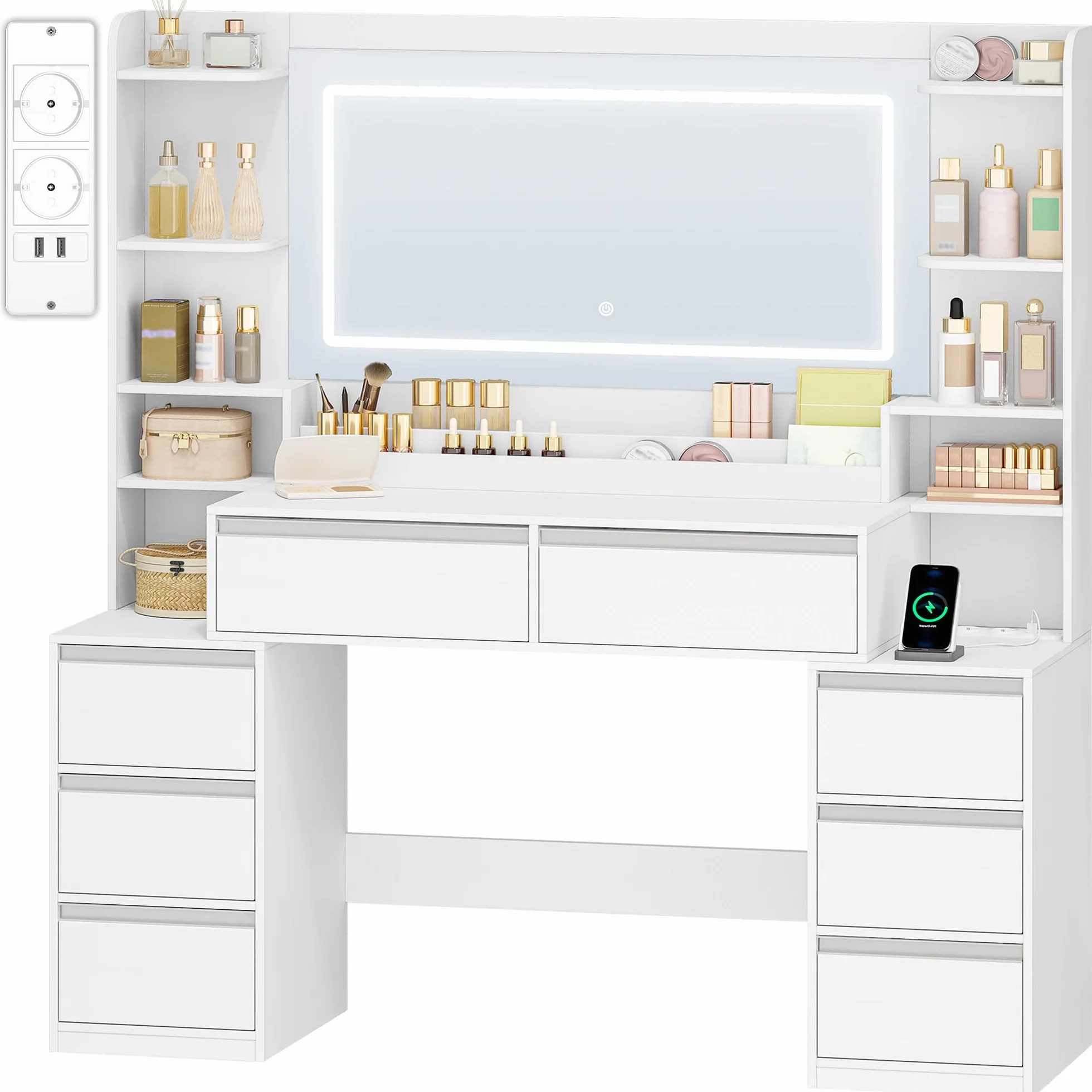HEXCELEN 135 cm Tocador Grande, Tocador de Maquillaje con Luz LED, Grande Espejo, Mesa de Maquillaje con Prácticas Tomas de Corriente, 8 Cajones, Estantes Abiertos Mesa, Blanco-Plata
