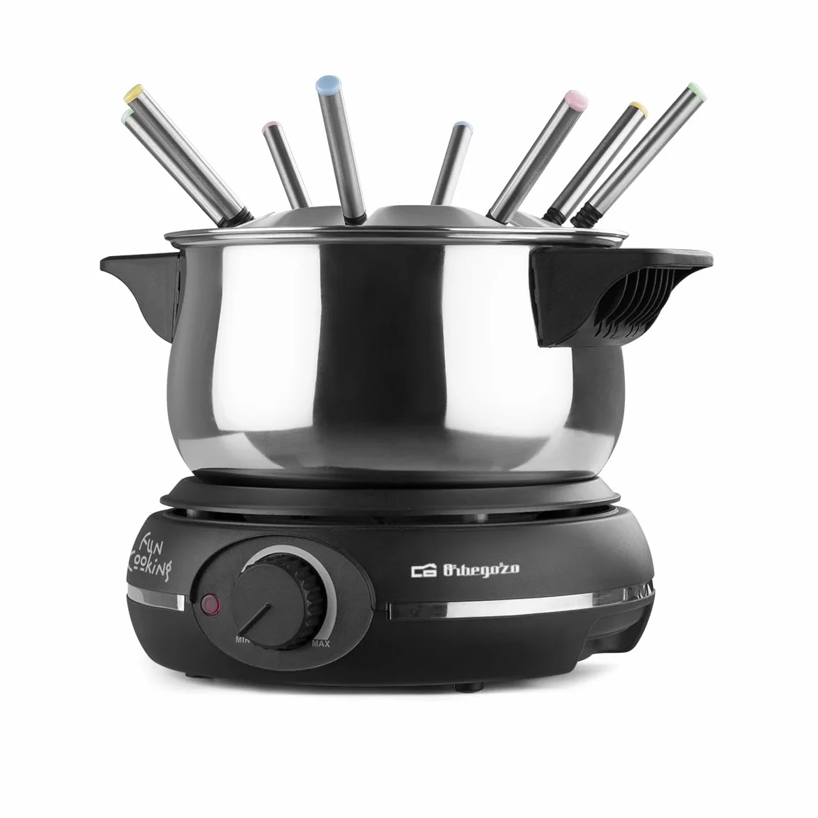 Orbegozo FDR 14 - Fondue eléctrica para 8 Personas, 1,4 litros, Queso, Chocolate y Carne, regulador de Temperatura, Tapa antisalpicaduras, Olla extraíble Acero Inoxidable, 1500 W