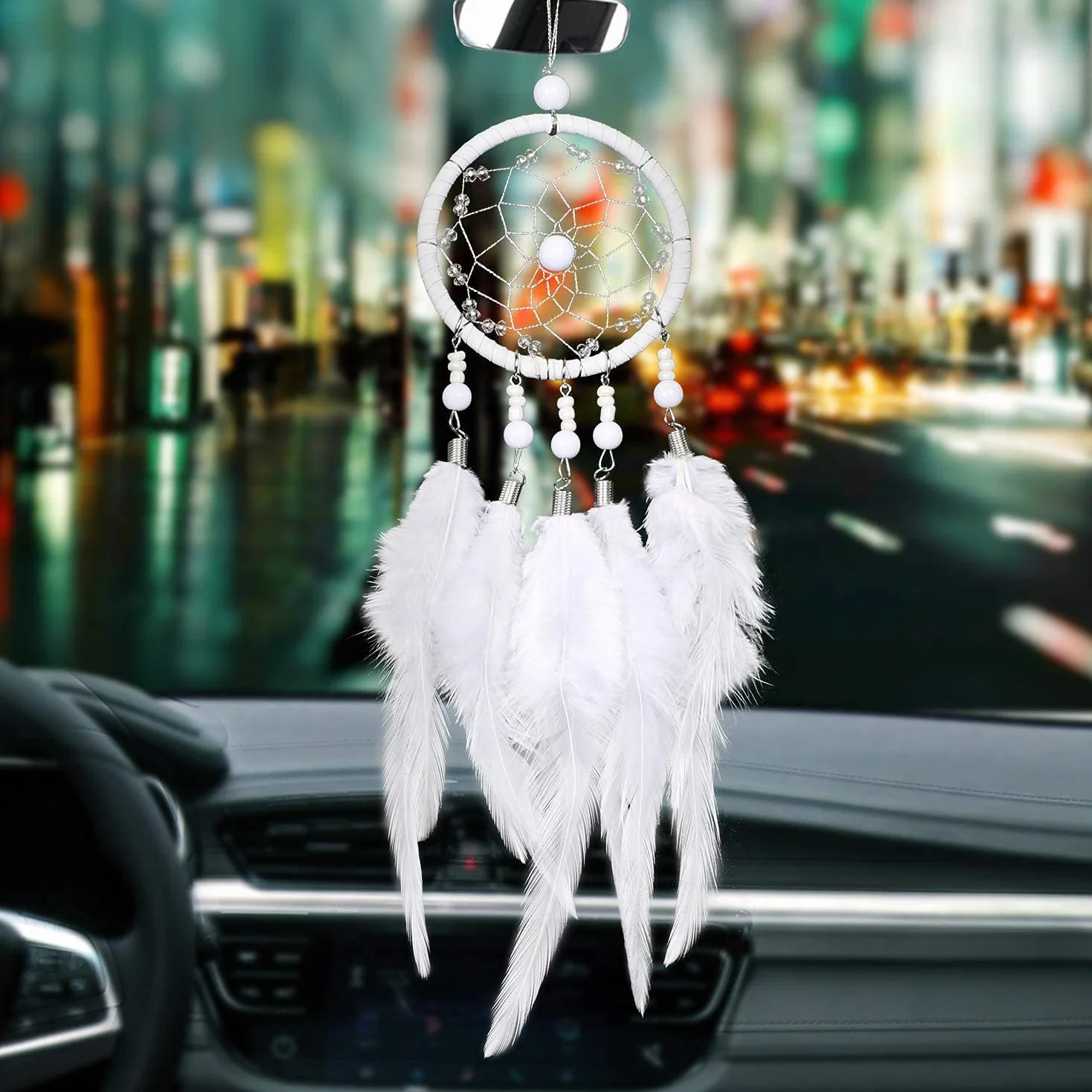 Atrapasueños Hecho a Mano Colgante para Coche Adorno Espejo Retrovisor Boho (Blanco)