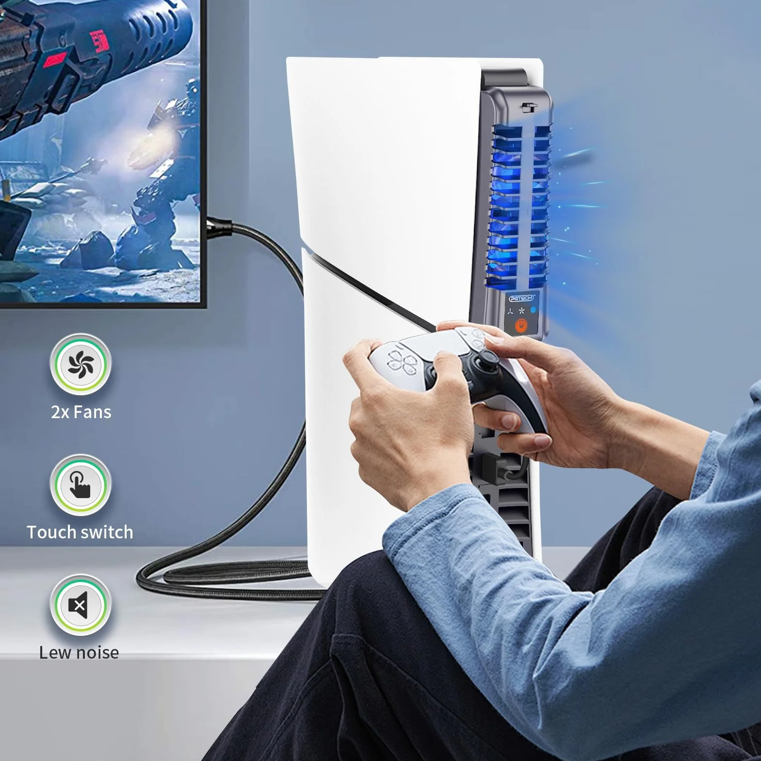 Ventilador PS5 Slim, Ventilador Silencioso Ajustable, Refrigeración PS5 Slim con Luz RGB y Puerto USB, Ventilador Eficiente para PS5 Slim Disc y Edición Digital