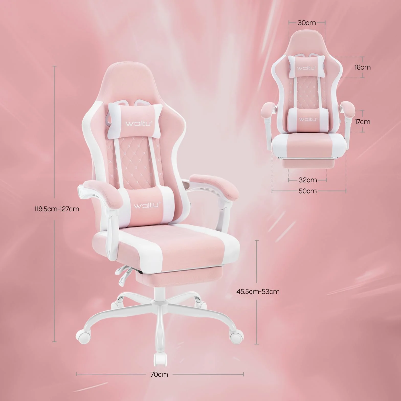 WOLTU Silla de Gaming Ergonómica, Soporte Lumbar Masaje, Reposapiés Extraíble, 150 kg, Malla, Rosa+Blanco