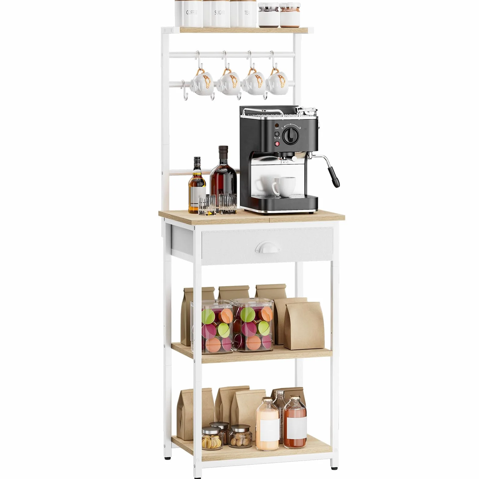 YMYNY Estante de Cocina, Porta - Cafés de Madera con 5 Niveles, Estante para Máquina de Café, Organizador con 12 Ganchos, Cajones de Tela, para Sala, Oficina, Natural HBR009R