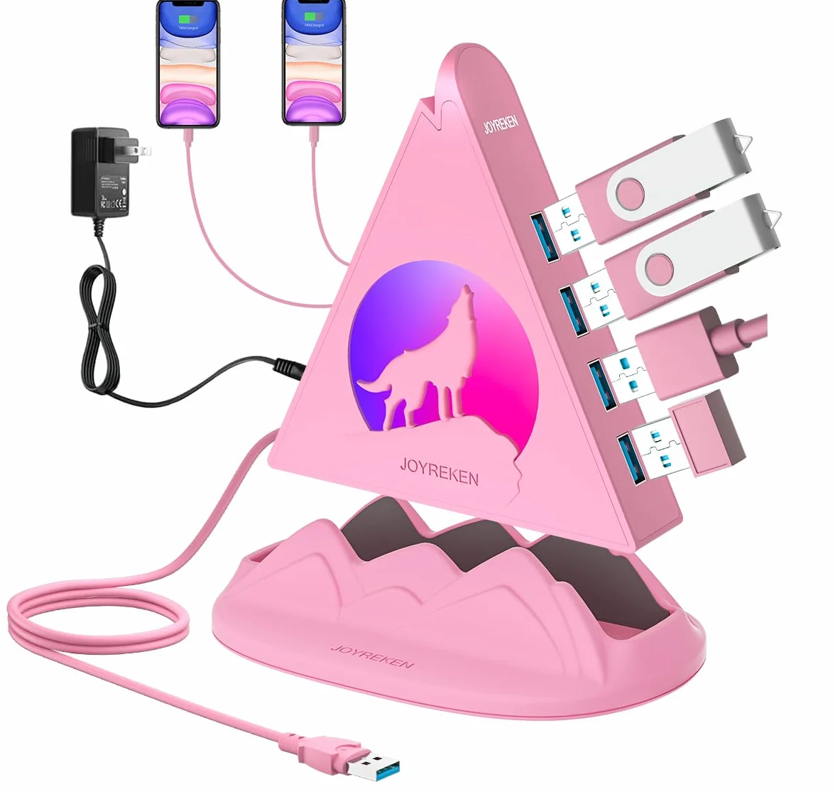 Hub USB 3.0 alimentado con adaptador de CA, concentrador USB de 6 puertos (4 datos + 2 carga rápida), diseño y base RGB Wolf, compatible con PC, portátil, PS4/5, unidad flash, teclado y mouse