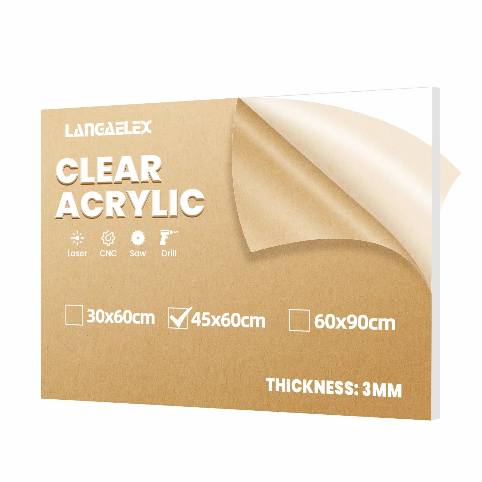 Metacrilato Transparente 3 mm, Placa Acrílico 45 x 60 cm para Corte por Láser
