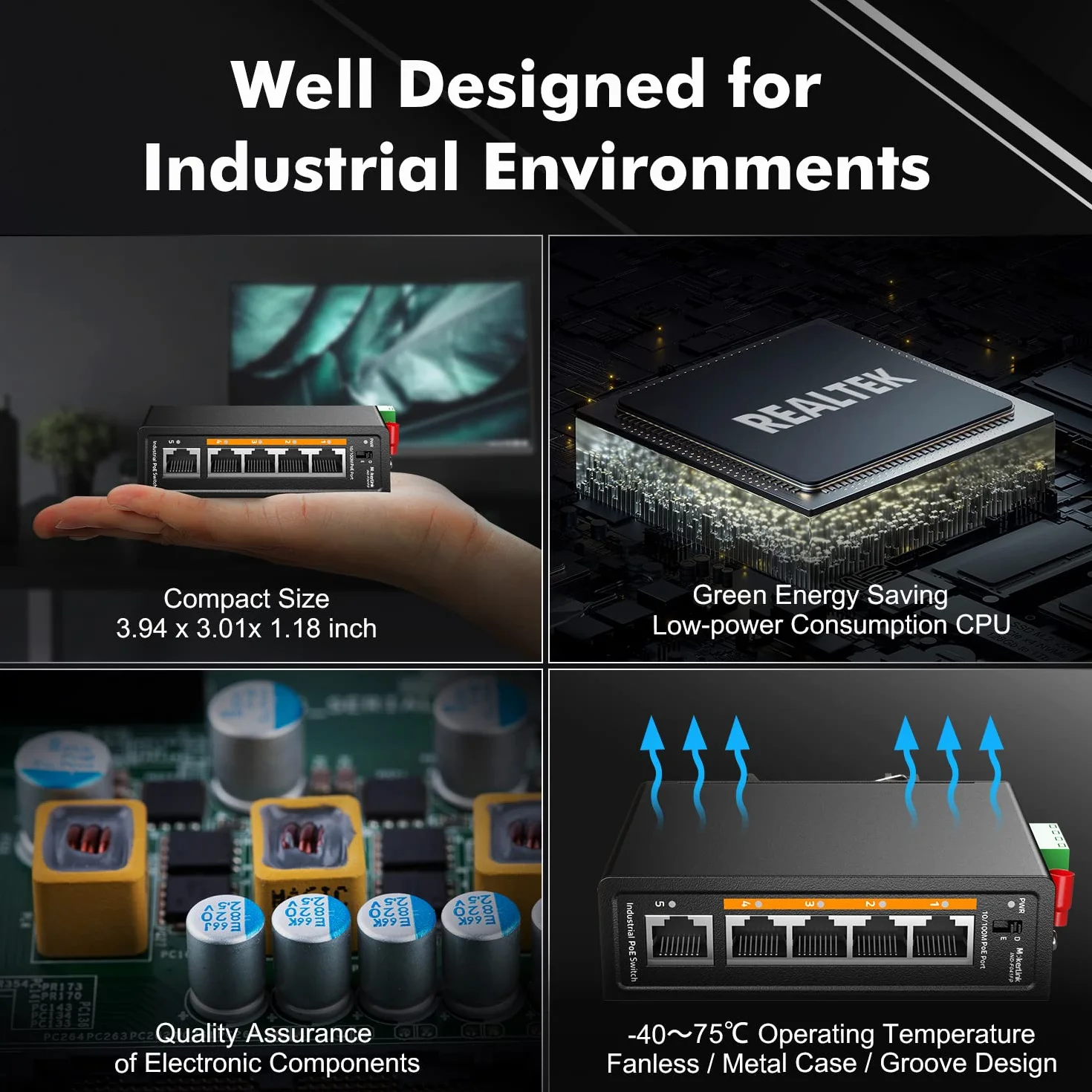 MokerLink Switch de riel DIN Industrial 5 Puertos PoE+, 4 Puertos PoE+ IEEE802.3af/at, 1 Enlace Ascendente, Fast Ethernet de 10/100 Mbps, riel DIN y Montaje en Pared incluidos
