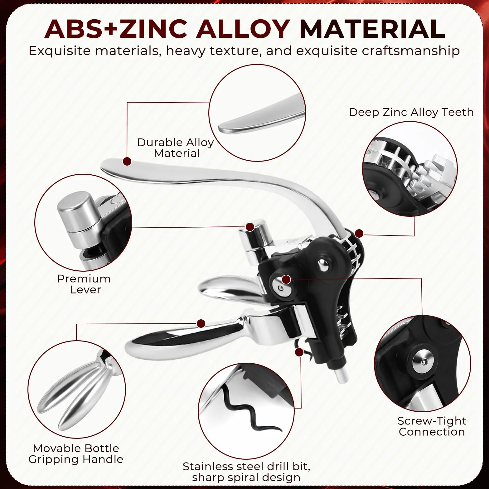 Abridor de Vino Set 5 Piezas Sacacorchos Profesional Manual con Vertedor Tapón Cortacápsulas y Espiral Intercambiable