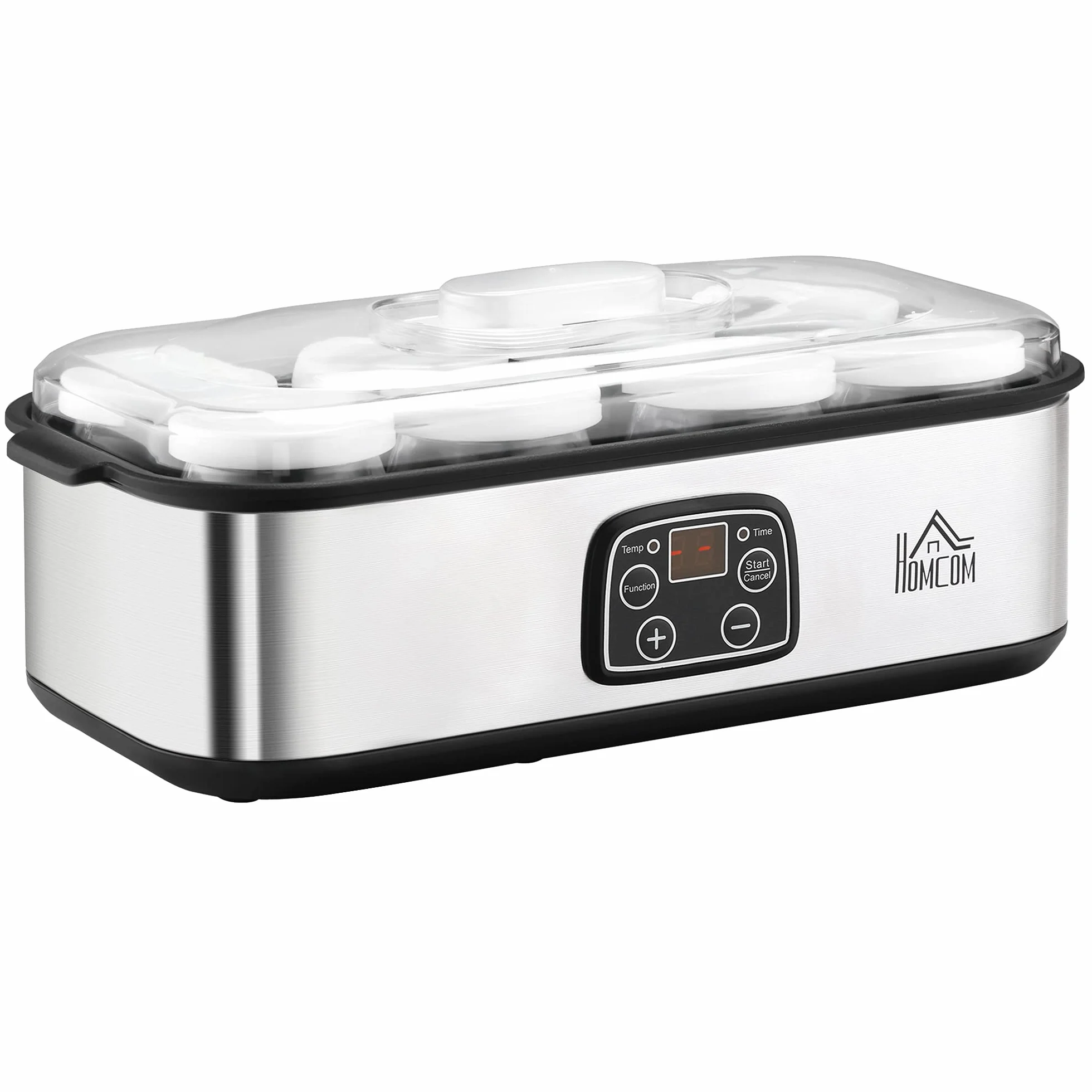 HOMCOM Yogurtera 25W 1,44L 8 Tarros de Cristal 180 ml Termostato Ajustable Temporizador 1-48 Horas Apagado Automático 36x18,8x14 cm Plata