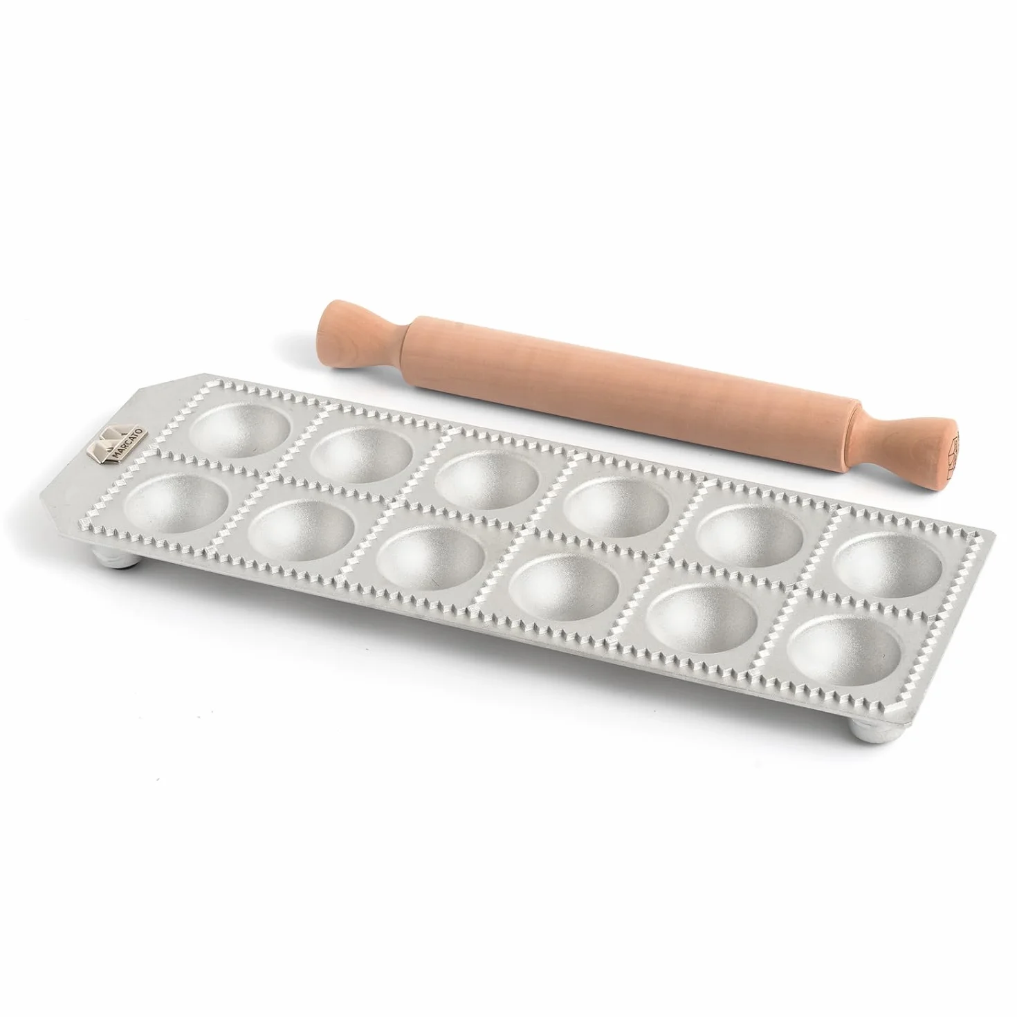 Marcato Máquina para Raviolis, Molde Raviolis Caseros, Corte 50 mm, Rodillo Madera