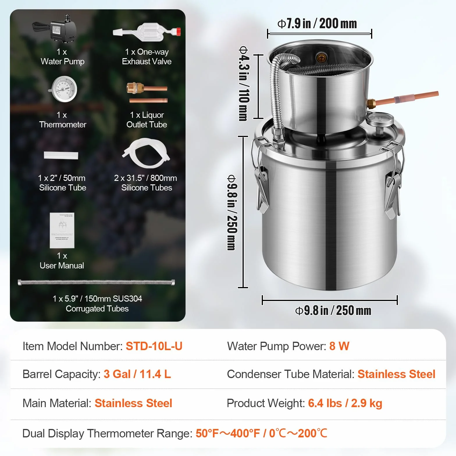 VEVOR Destilador de Alcohol de Acero Inoxidable 11,4 L Kit Fermentación Cerveza Casera con Termómetro Doble Pantalla