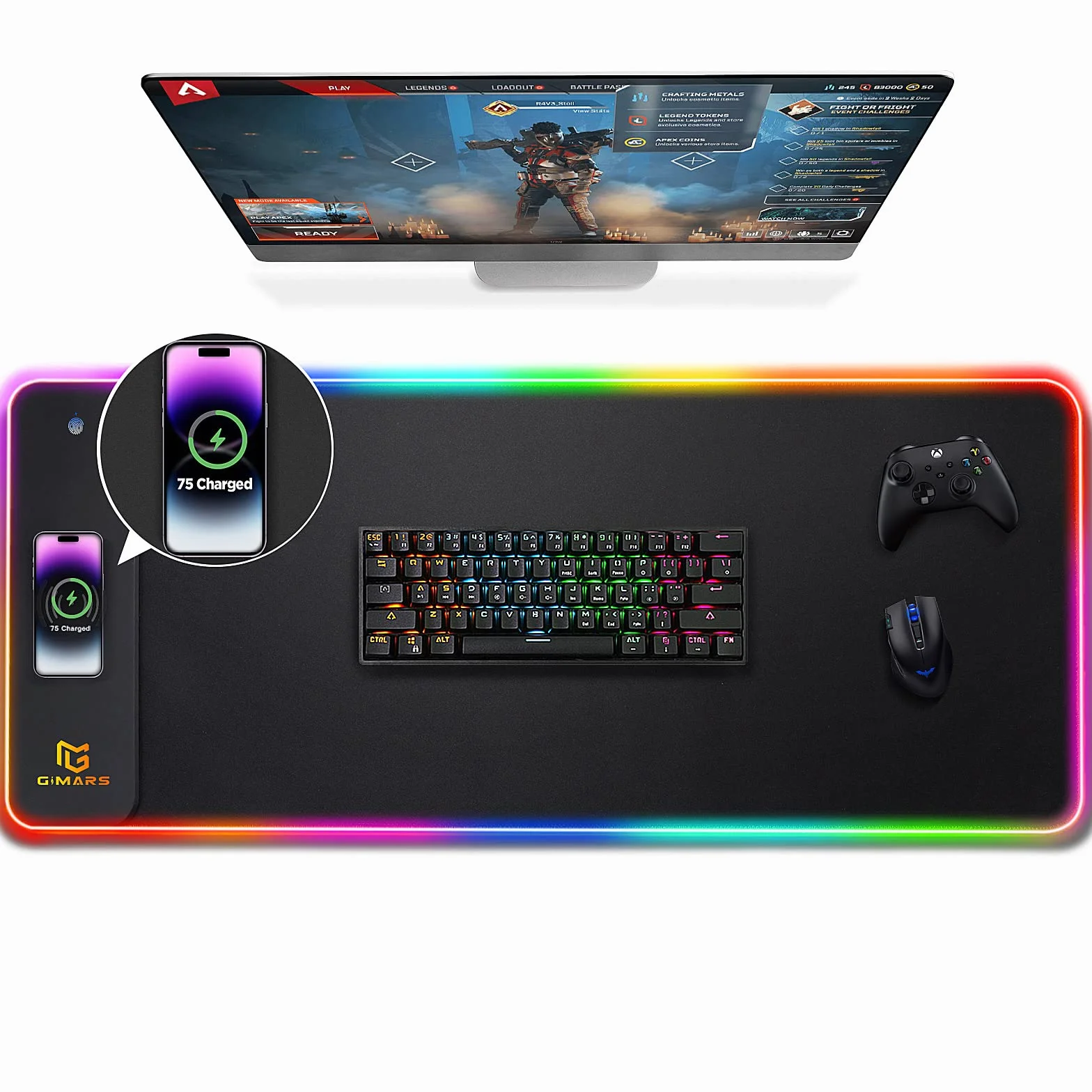 Gimars Alfombrilla Ratón Gaming RGB con 15W Carga Inalámbrica, 800×300mm Mousepad XXL con 10 Modos Iluminación LED, Tapete Rato Impermeable Base Antideslizante para Escritorio Oficina Gamer